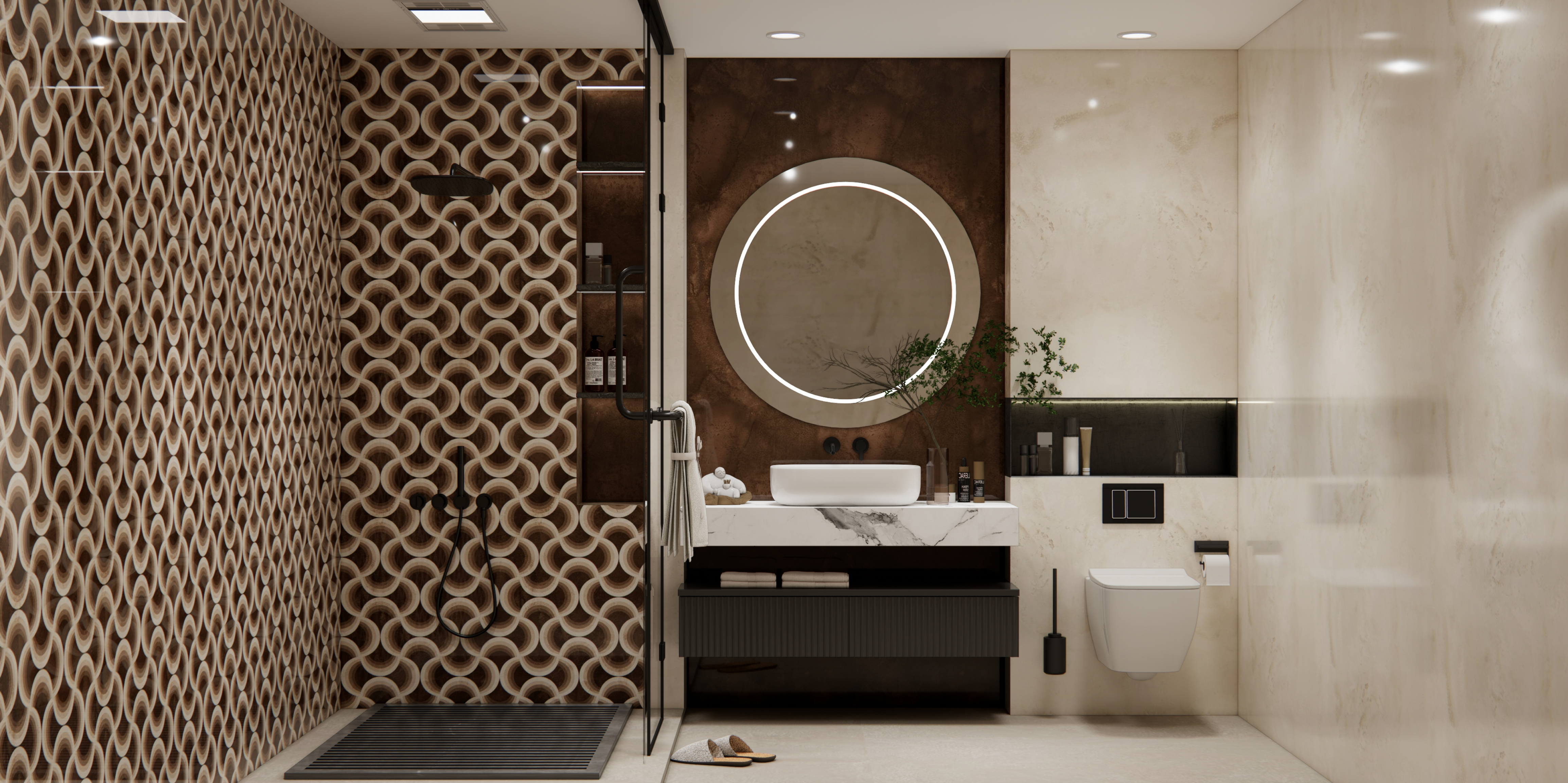 Elegant Bathroom with 3D Textured Tiles and a Modern Floating Vanity | Material Depot