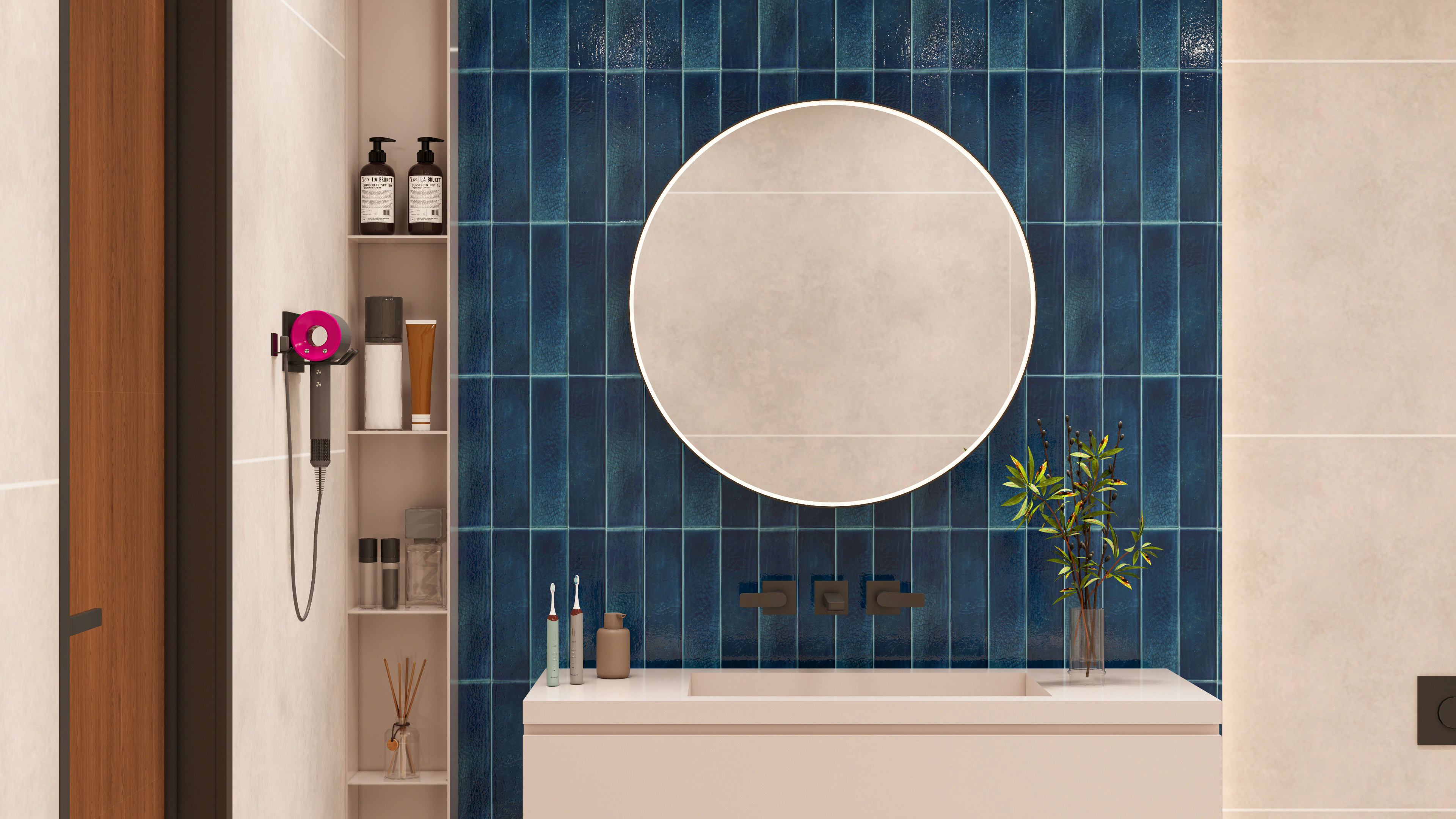 Elegant Bathroom with Deep Blue Vertical Subway Tiles | Material Depot