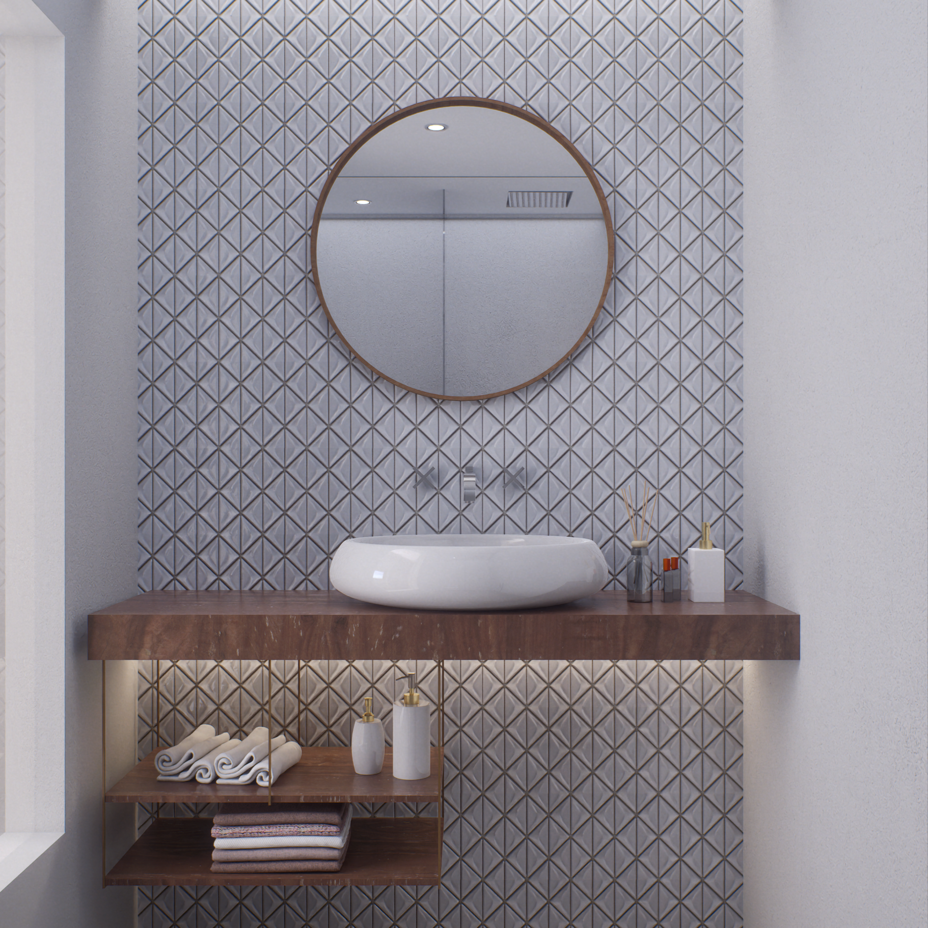 Elegant Bathroom with Geometric Tiled Wall and Floating Vanity | Material Depot