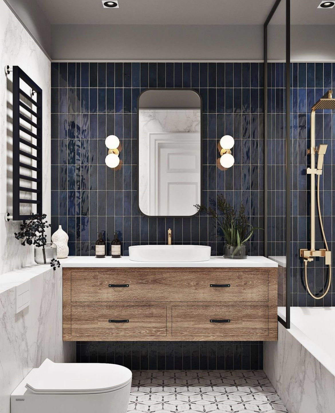 Elegant Bathroom with Navy Subway Tiles | Material Depot