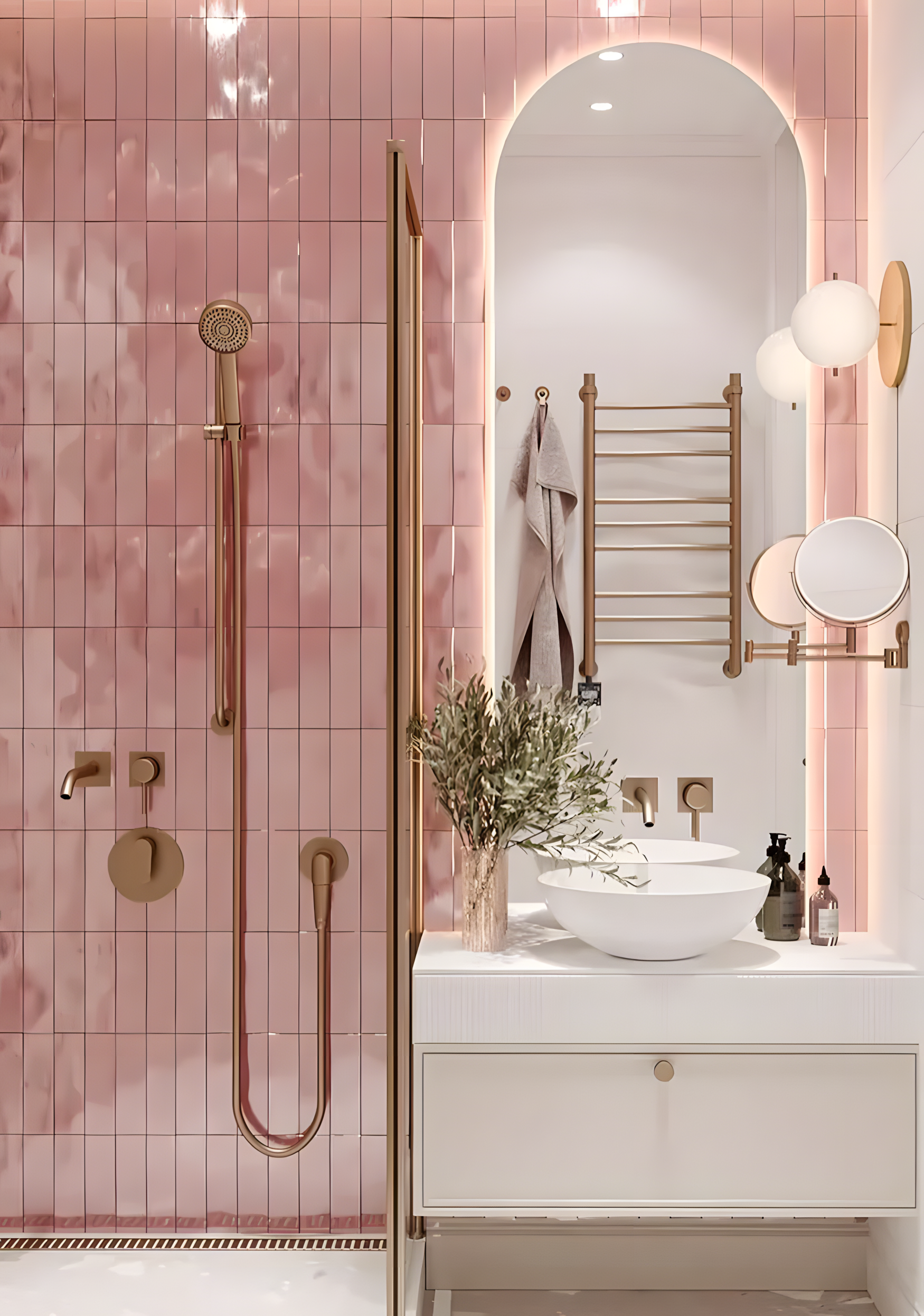 Elegant Bathroom with Pink Tiles and Gold Accents | Material Depot