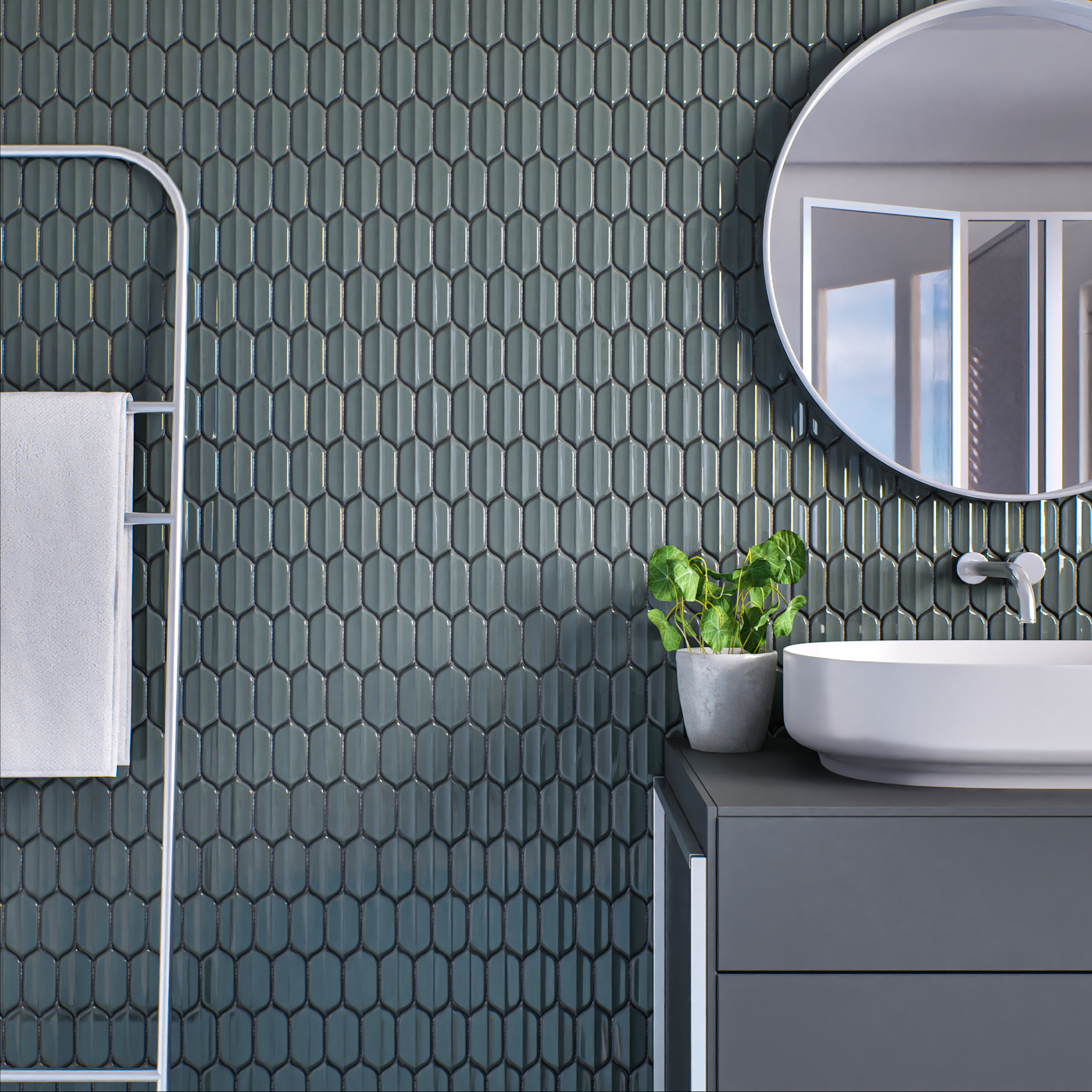 Elegant Bathroom with Sage Green Hexagonal Tiles and Modern Vanity | Material Depot