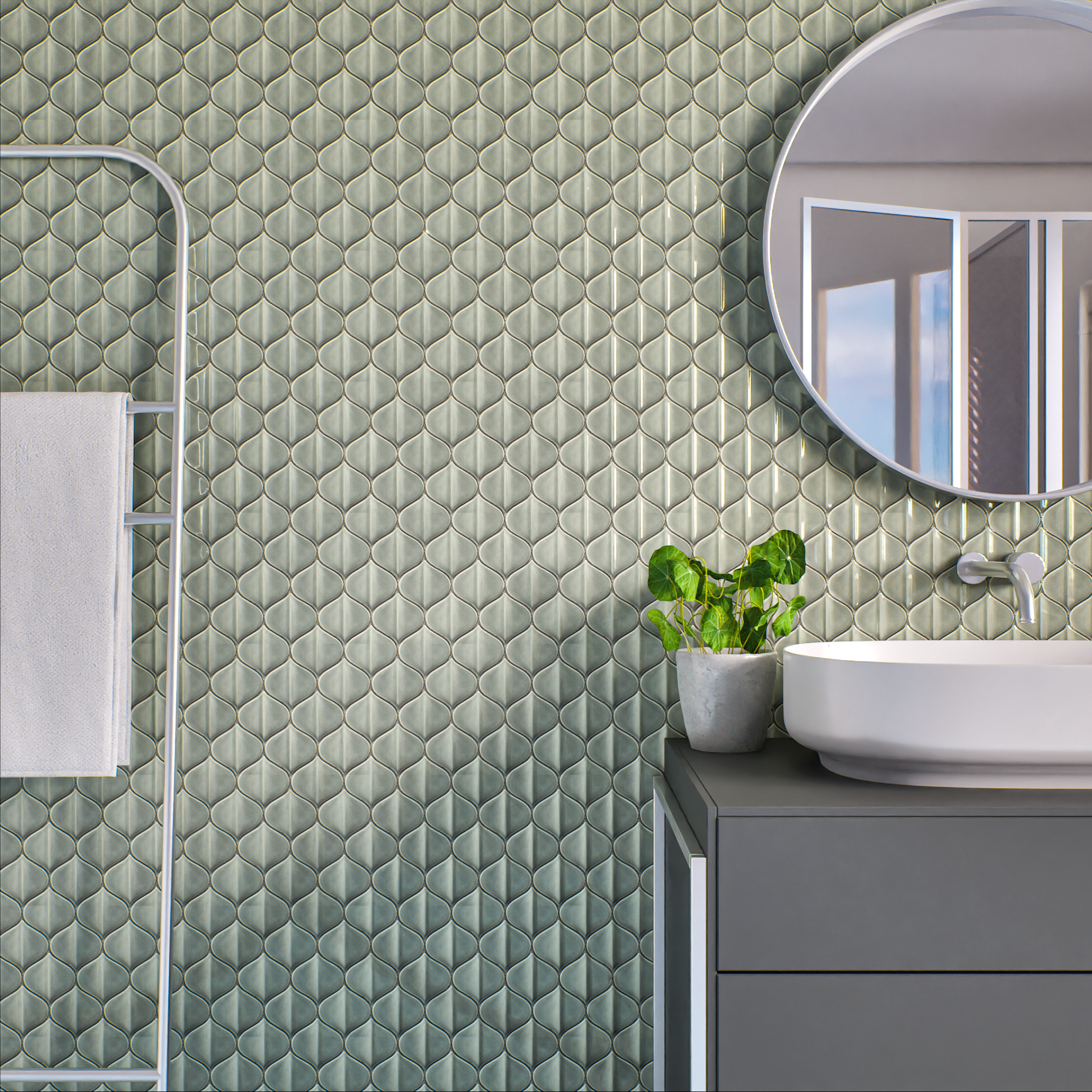 Elegant Bathroom with Soft Green 3D Textured Wall Tiles | Material Depot