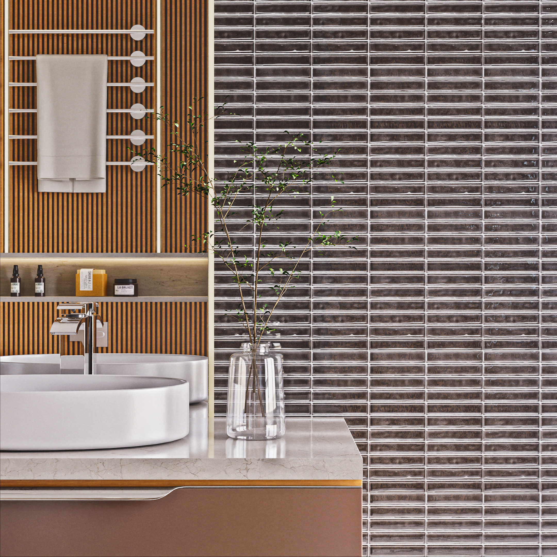 Elegant Bathroom with Vertical Wooden Panels and Glossy Mosaic Tile Wall | Material Depot