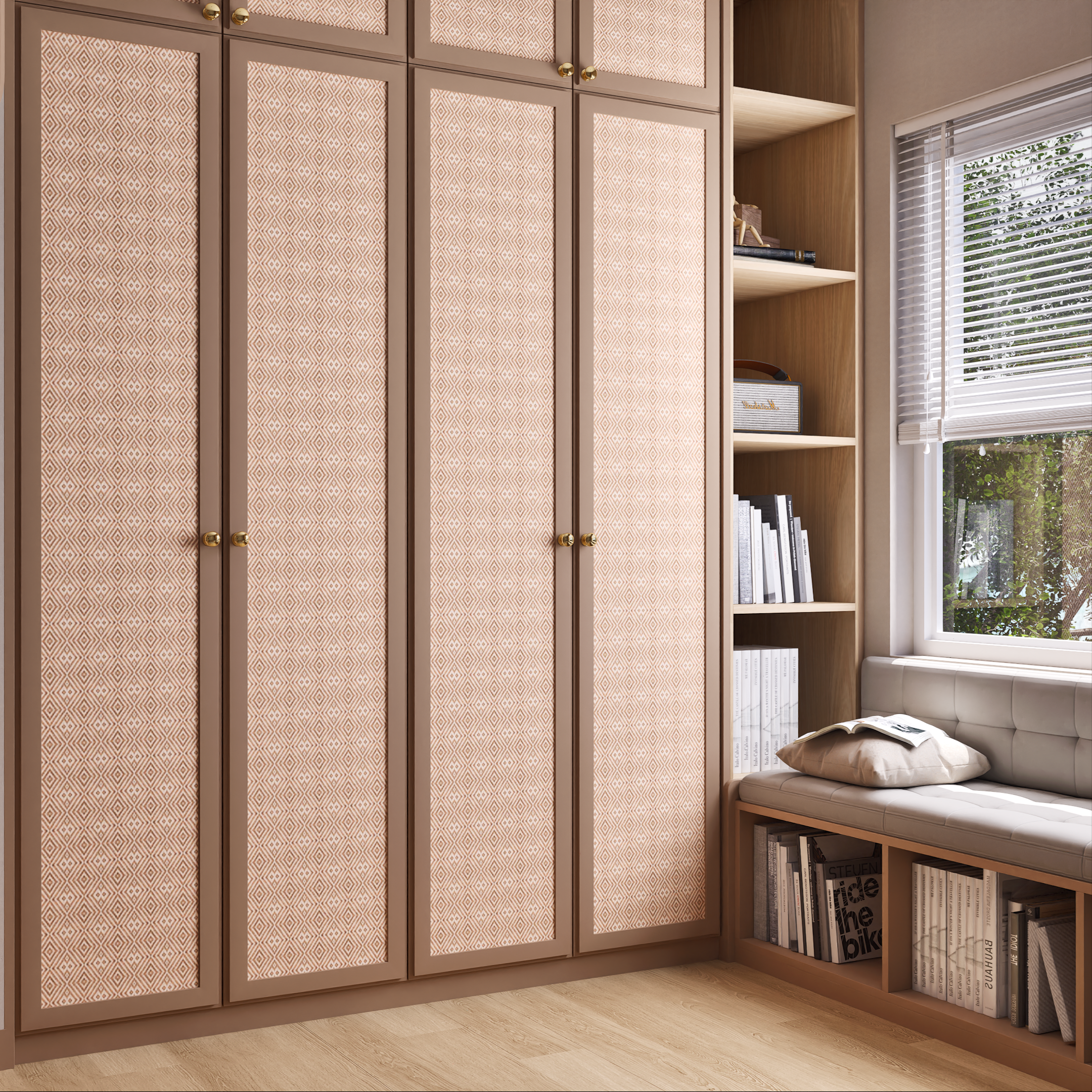 Elegant Bedroom Wardrobe with Geometric Patterned Panels and Cozy Window Seating | Material Depot