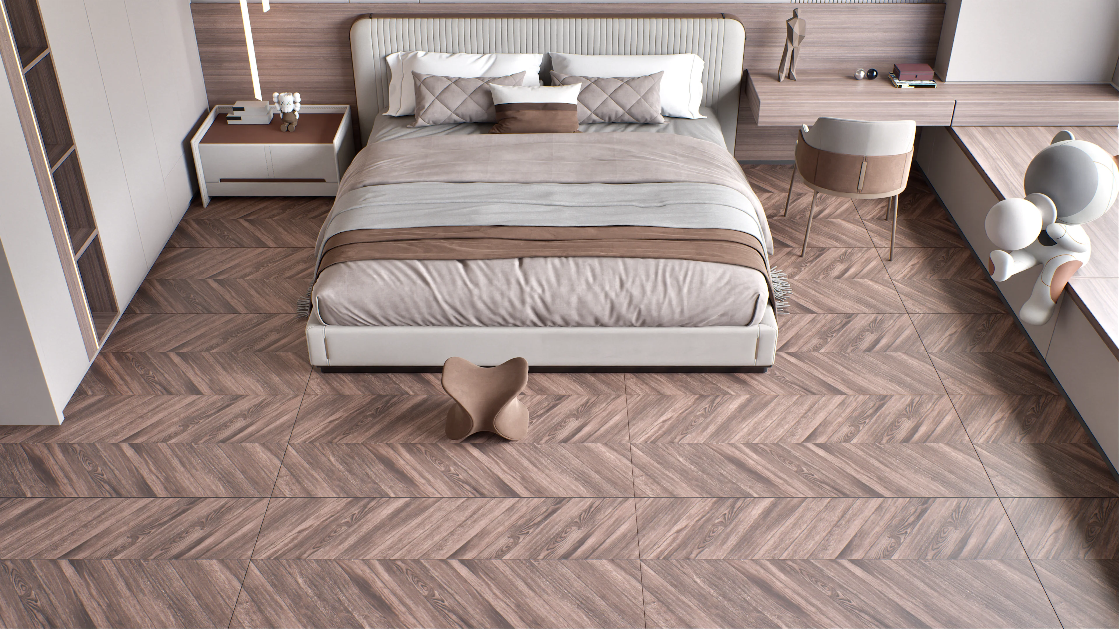 Elegant Bedroom with Herringbone Wood Flooring