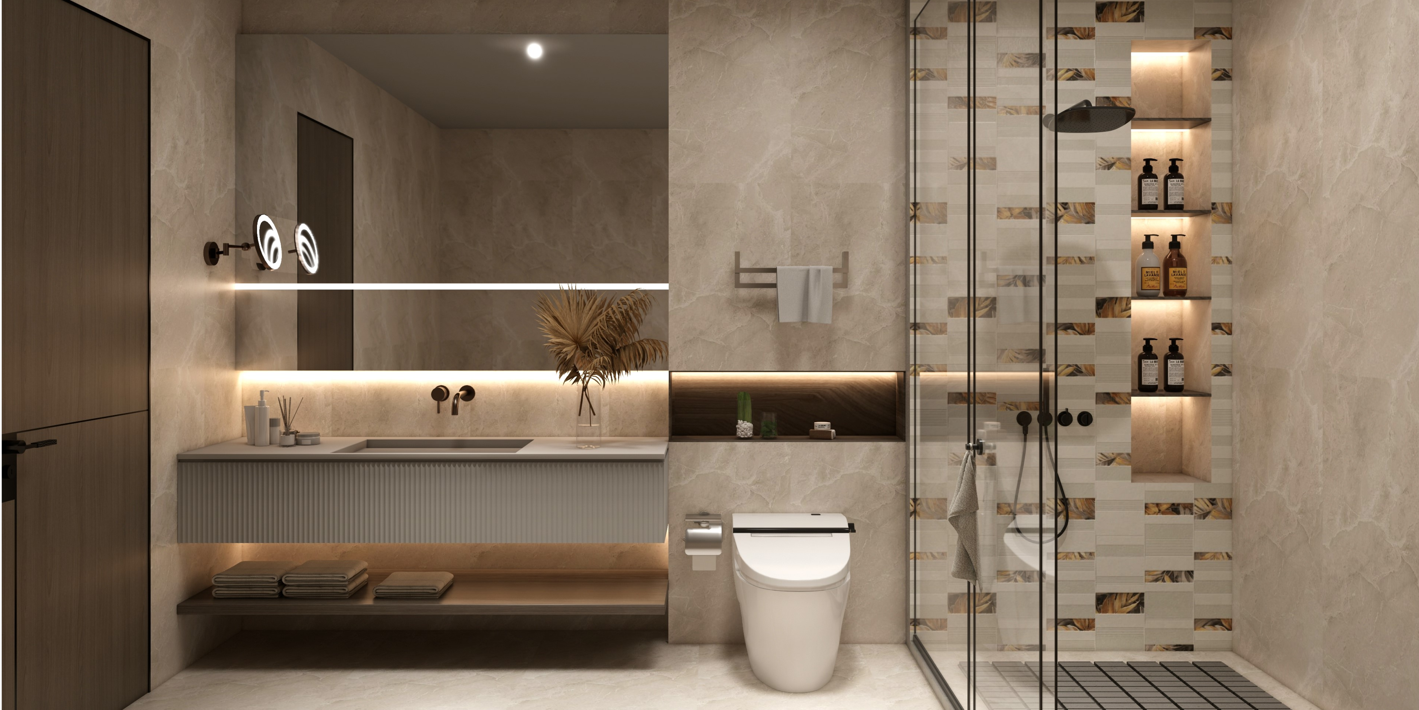 Elegant Beige Bathroom with Textured Tiles and Glass Shower | Material Depot