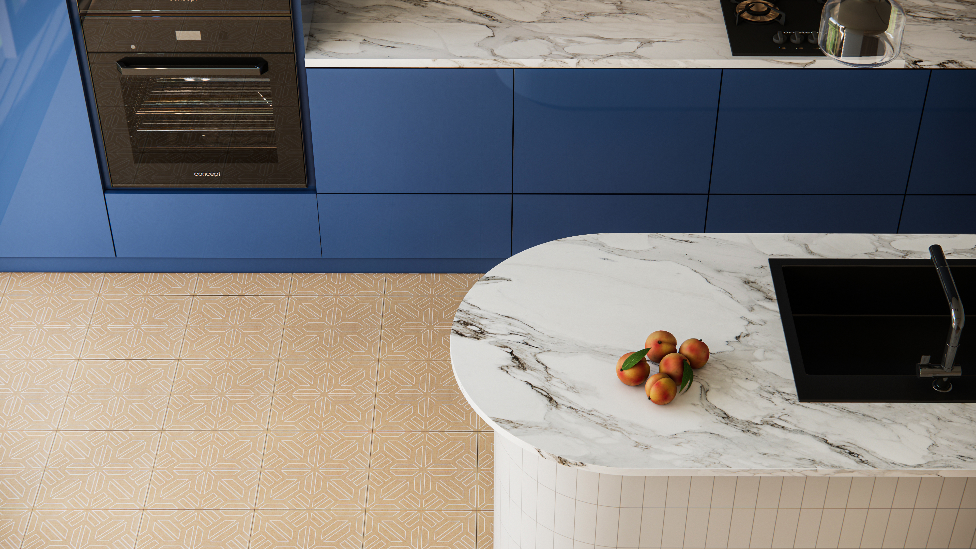 Elegant Blue and Beige Kitchen with Patterned Floor Tiles | Material Depot