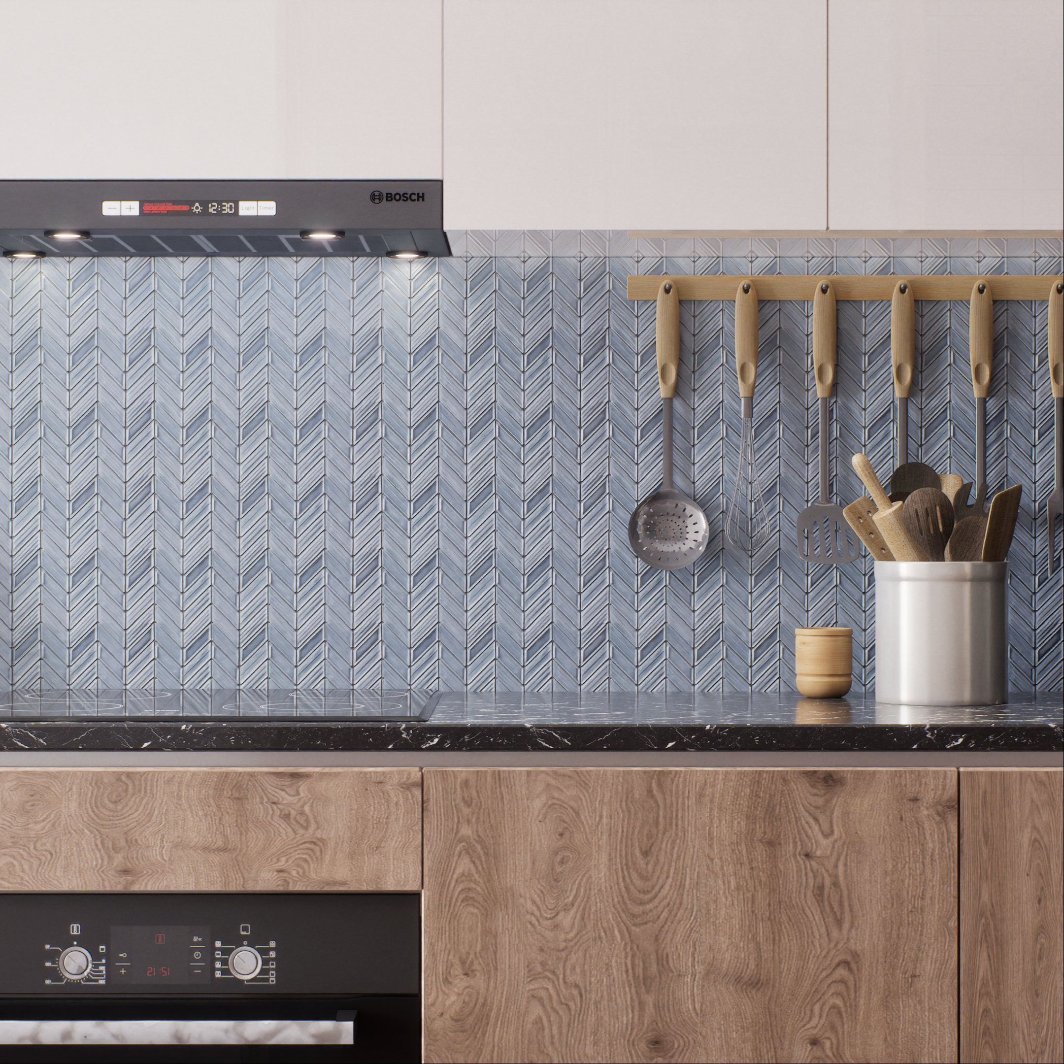 Elegant Blue Chevron Tile Backsplash in Kitchen | Material Depot