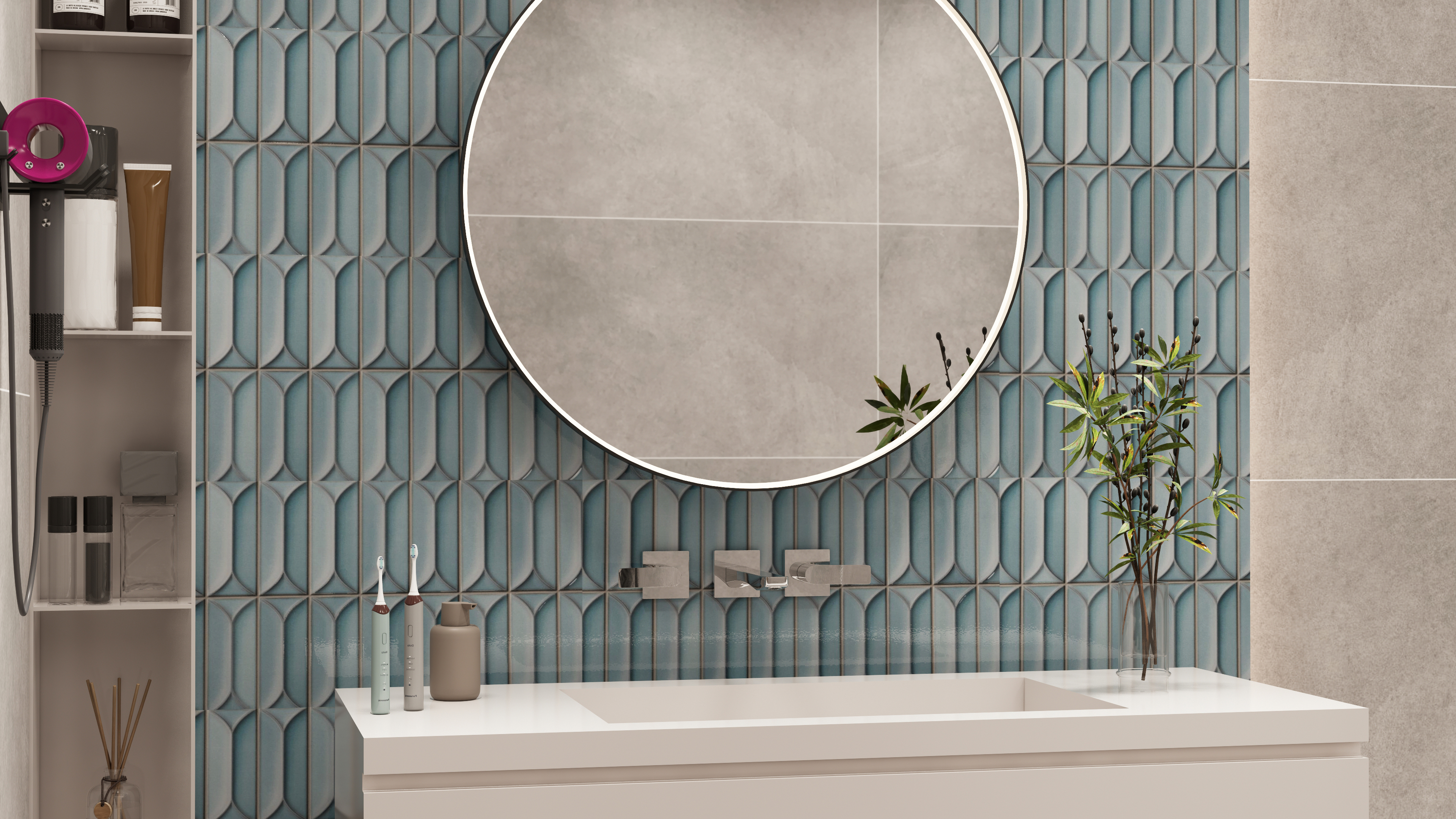 Elegant Blue Geometric Bathroom Wall Tiles | Material Depot