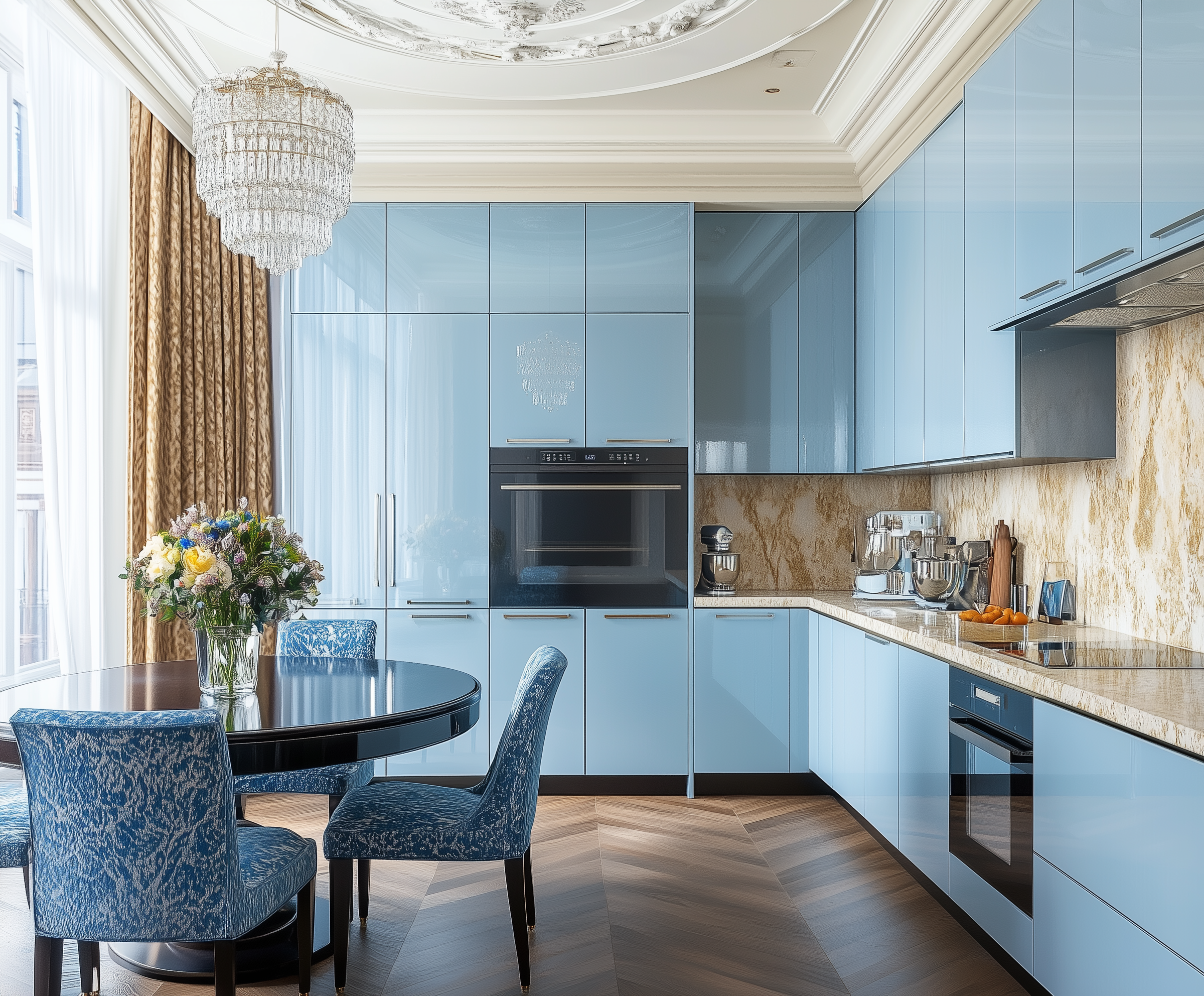 Elegant Blue Kitchen with Classic Dining Set and Luxurious Marble Accents | Material Depot