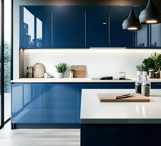 Modern Green Kitchen with Marble Countertop and Warm Lighting Accents | Material Depot