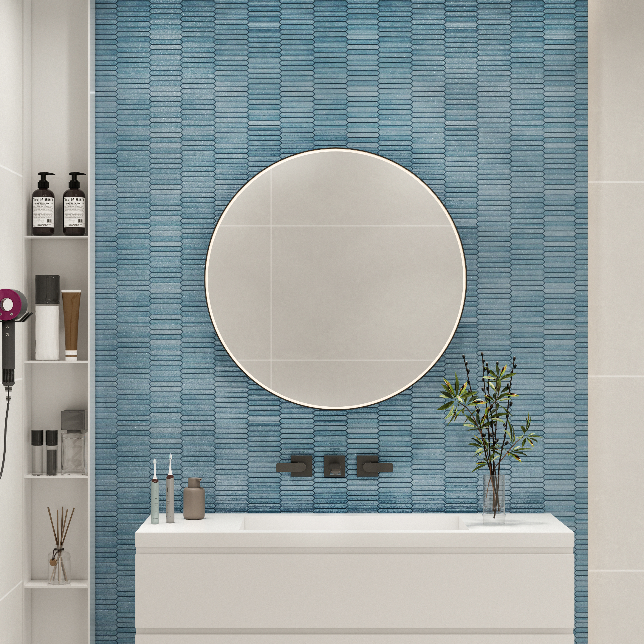 Elegant Blue Textured Bathroom Wall with Round Mirror | Material Depot