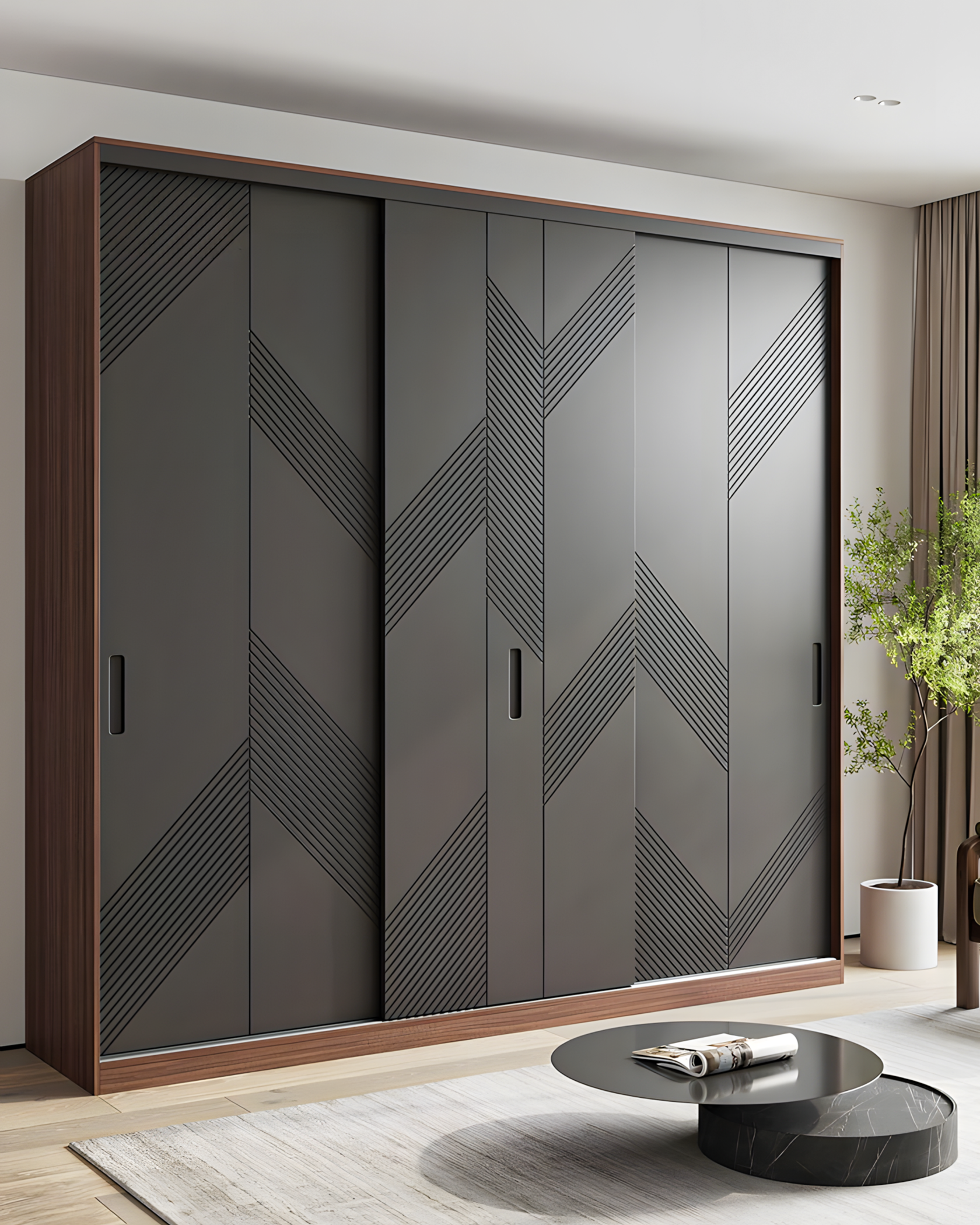 Elegant Dark Brown Wardrobe with Designer Pattern and Modern Accents | Material Depot