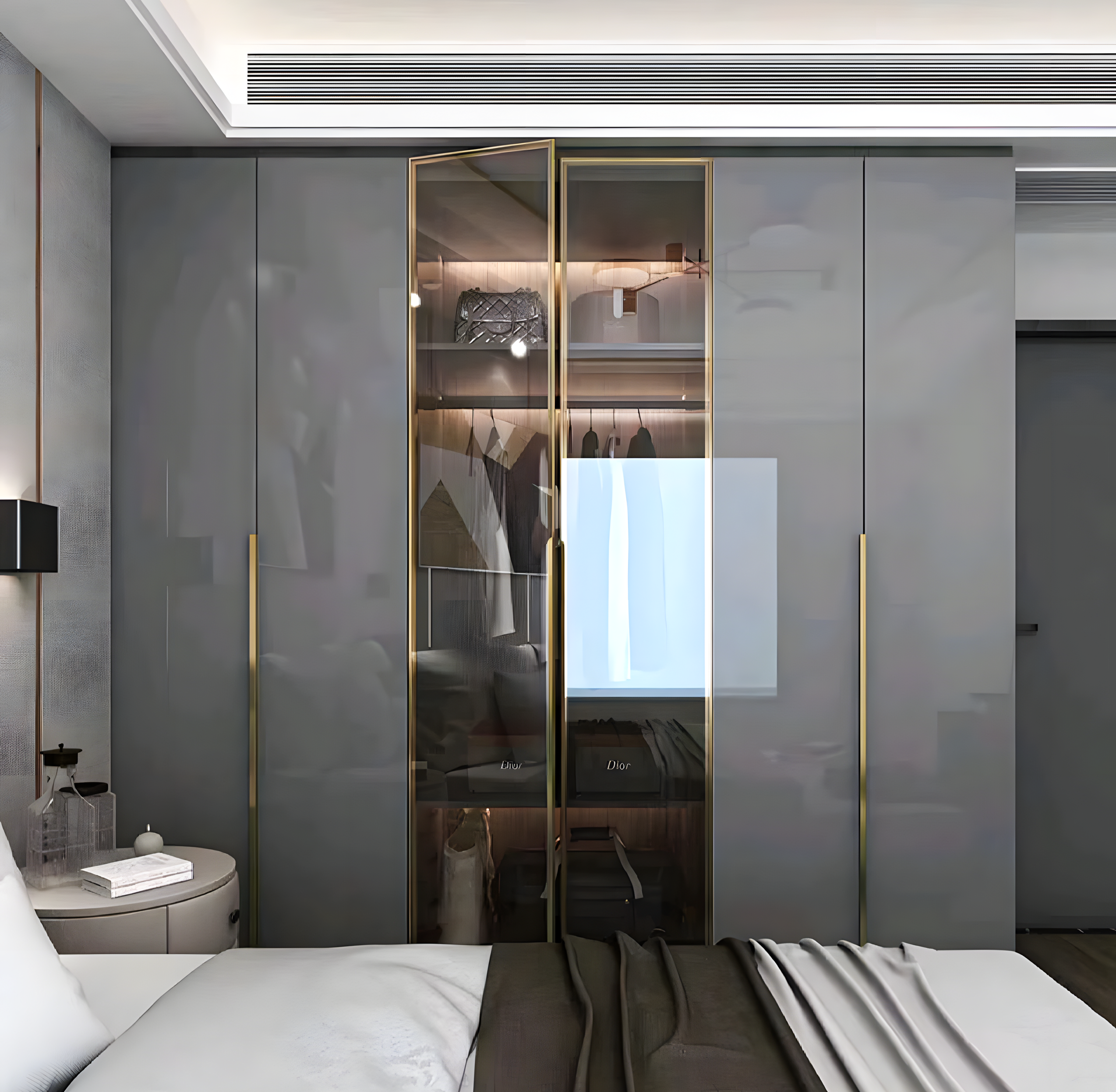 Elegant Gray Wardrobe with Glass Doors and Gold Accents | Material Depot