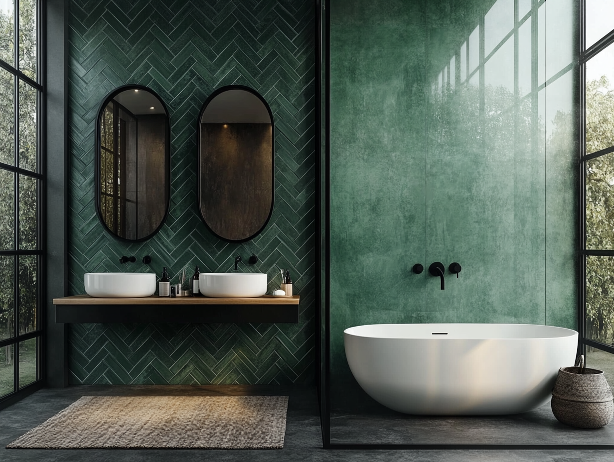 Elegant Green Bathroom with Herringbone Tiles and Freestanding Tub | Material Depot