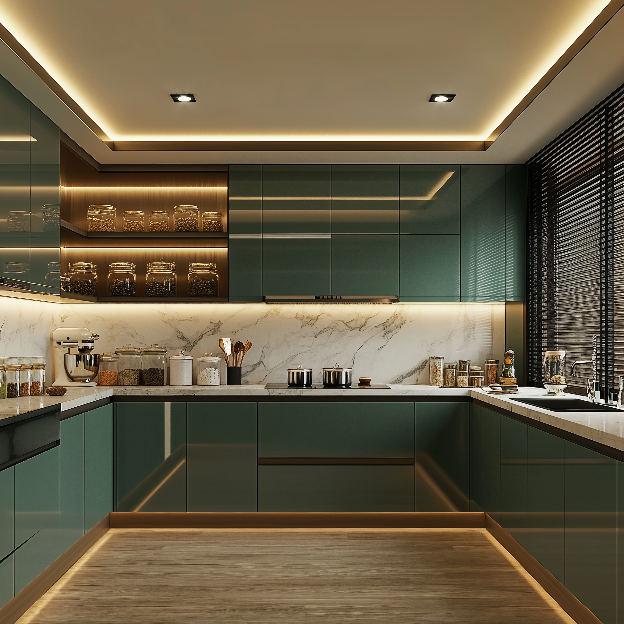 Elegant Green Kitchen with Marble Countertops and Warm Wooden Accents | Material Depot