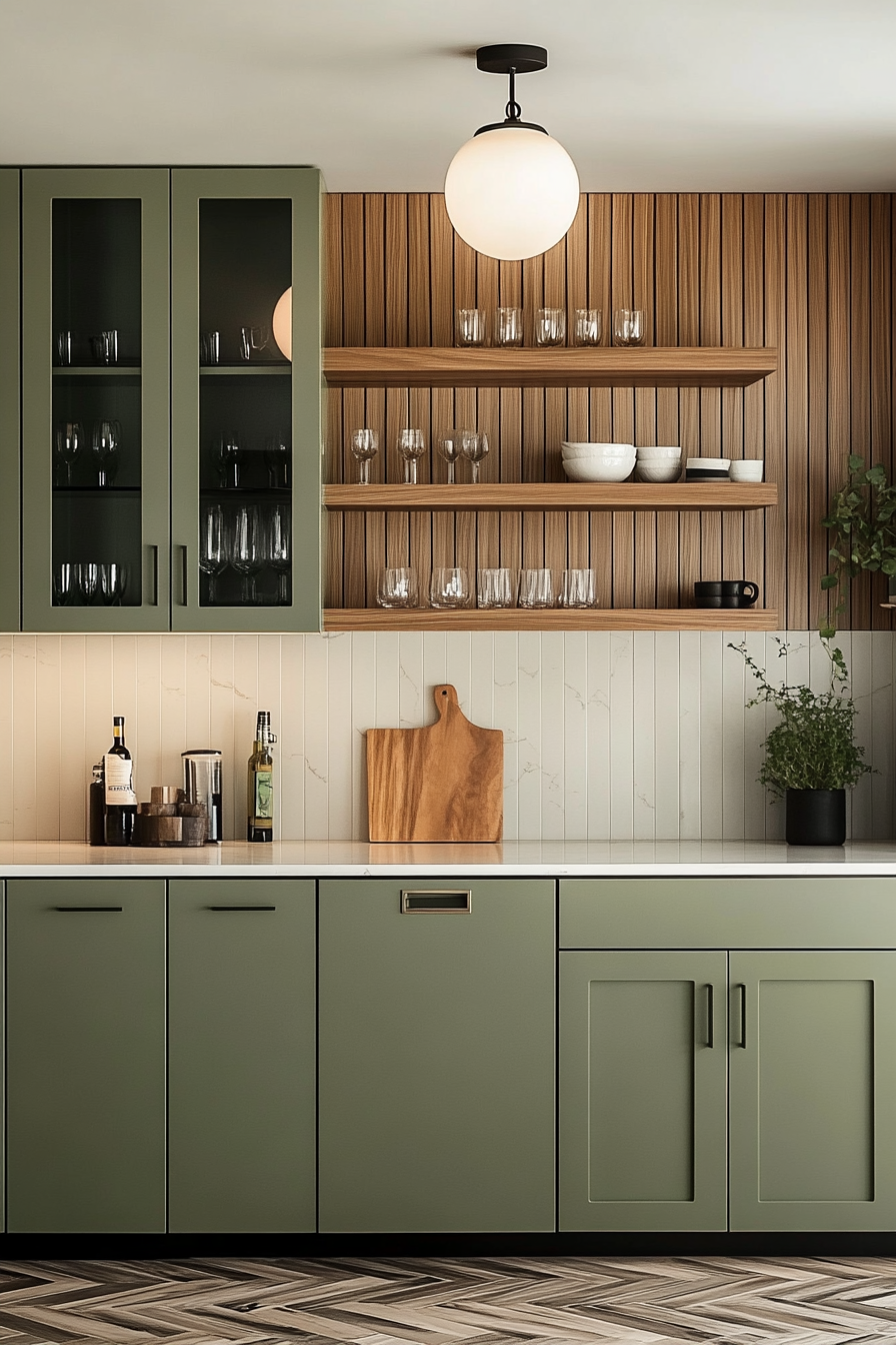 Elegant Green Kitchen with Natural Wood Accents and Modern Fixtures | Material Depot