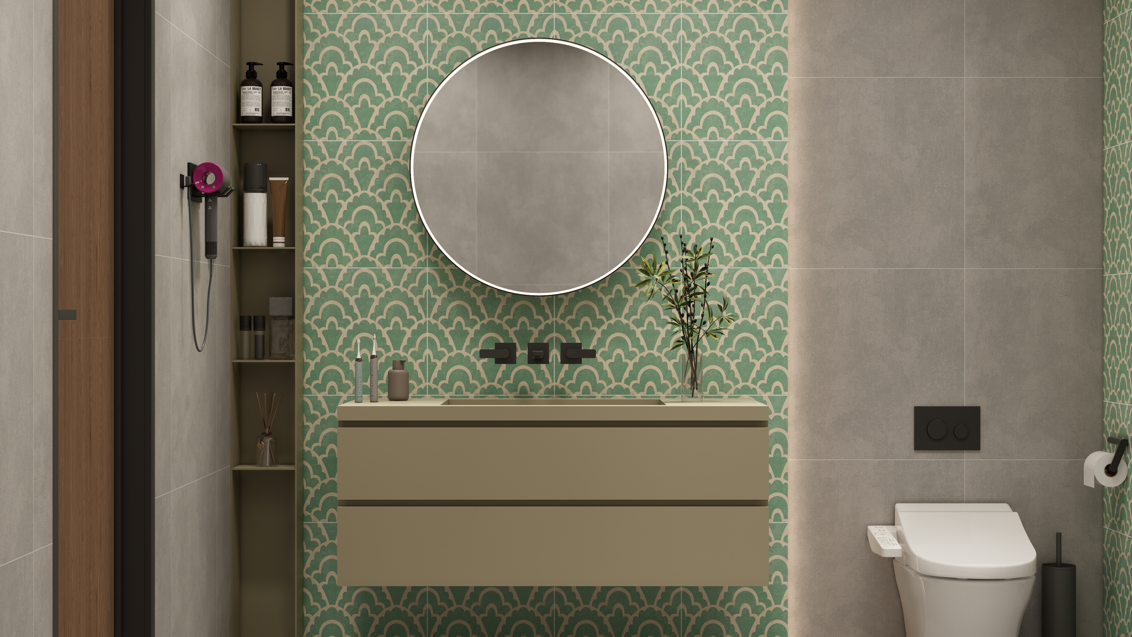 Elegant Green Moroccan-Inspired Bathroom with Textured Highlighter Tiles | Material Depot