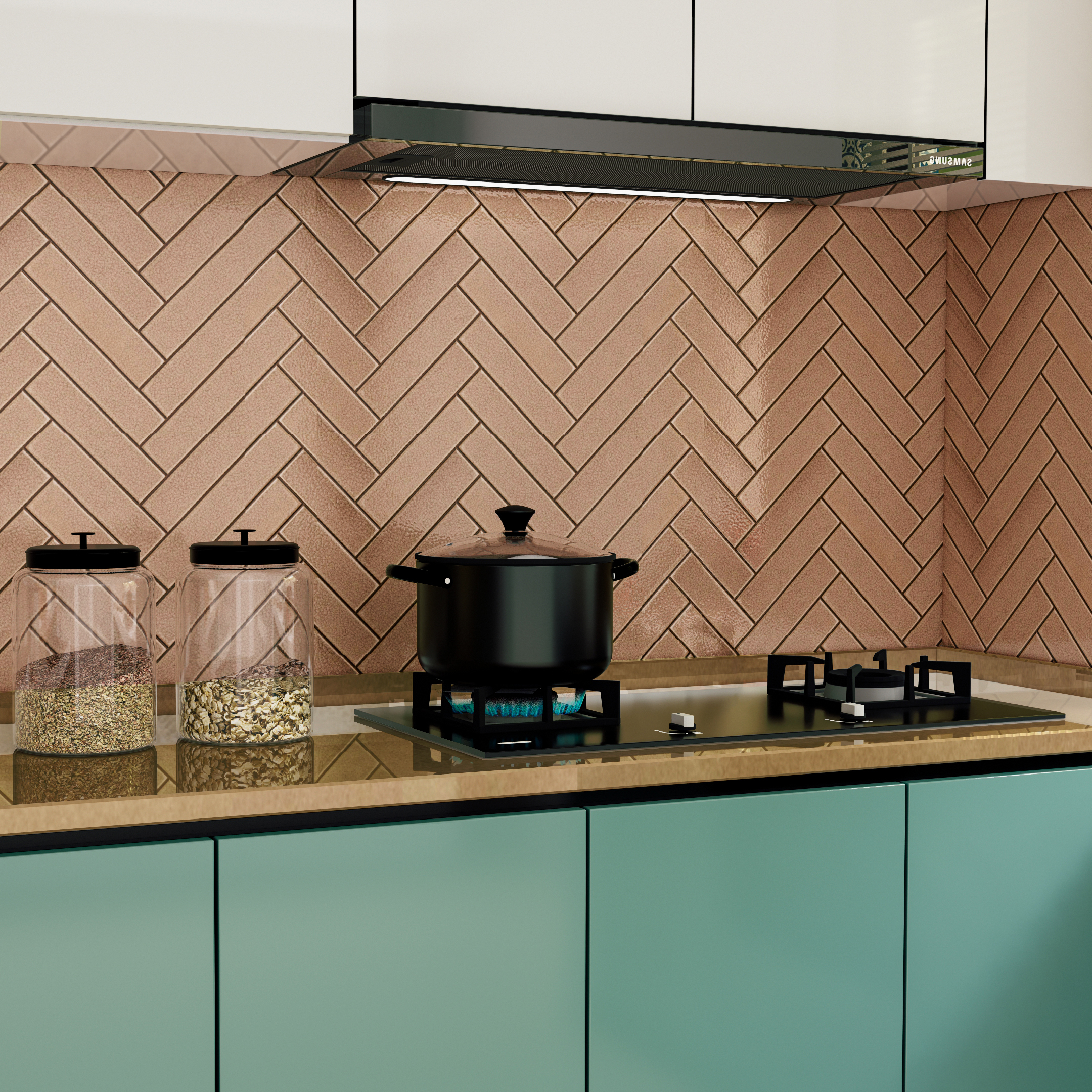 Elegant Herringbone Gold Kitchen Backsplash with Modern Cabinets | Material Depot