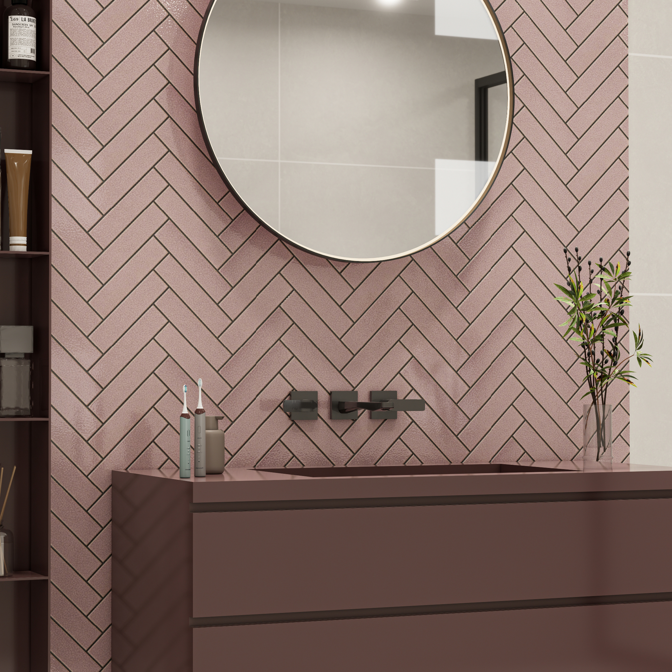 Elegant Herringbone Pink Bathroom Wall with Round Mirror | Material Depot