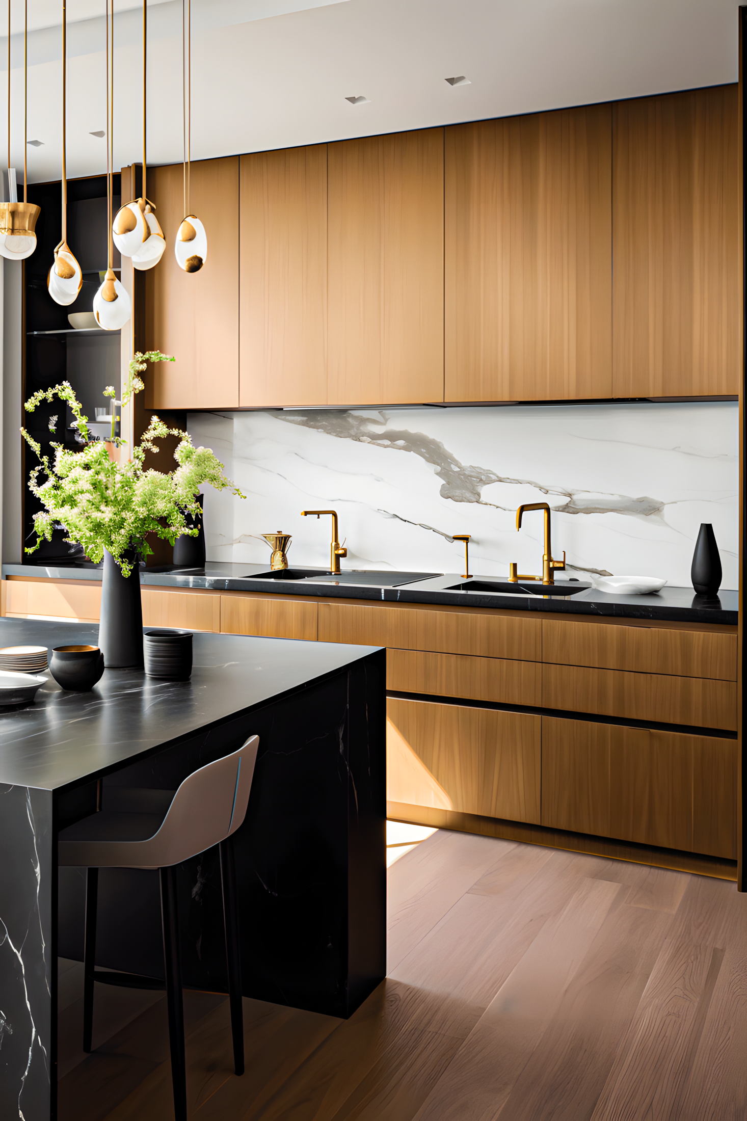 Elegant kitchen featuring wood cabinetry, black marble countertop, and a sleek minimalist style. | Material Depot