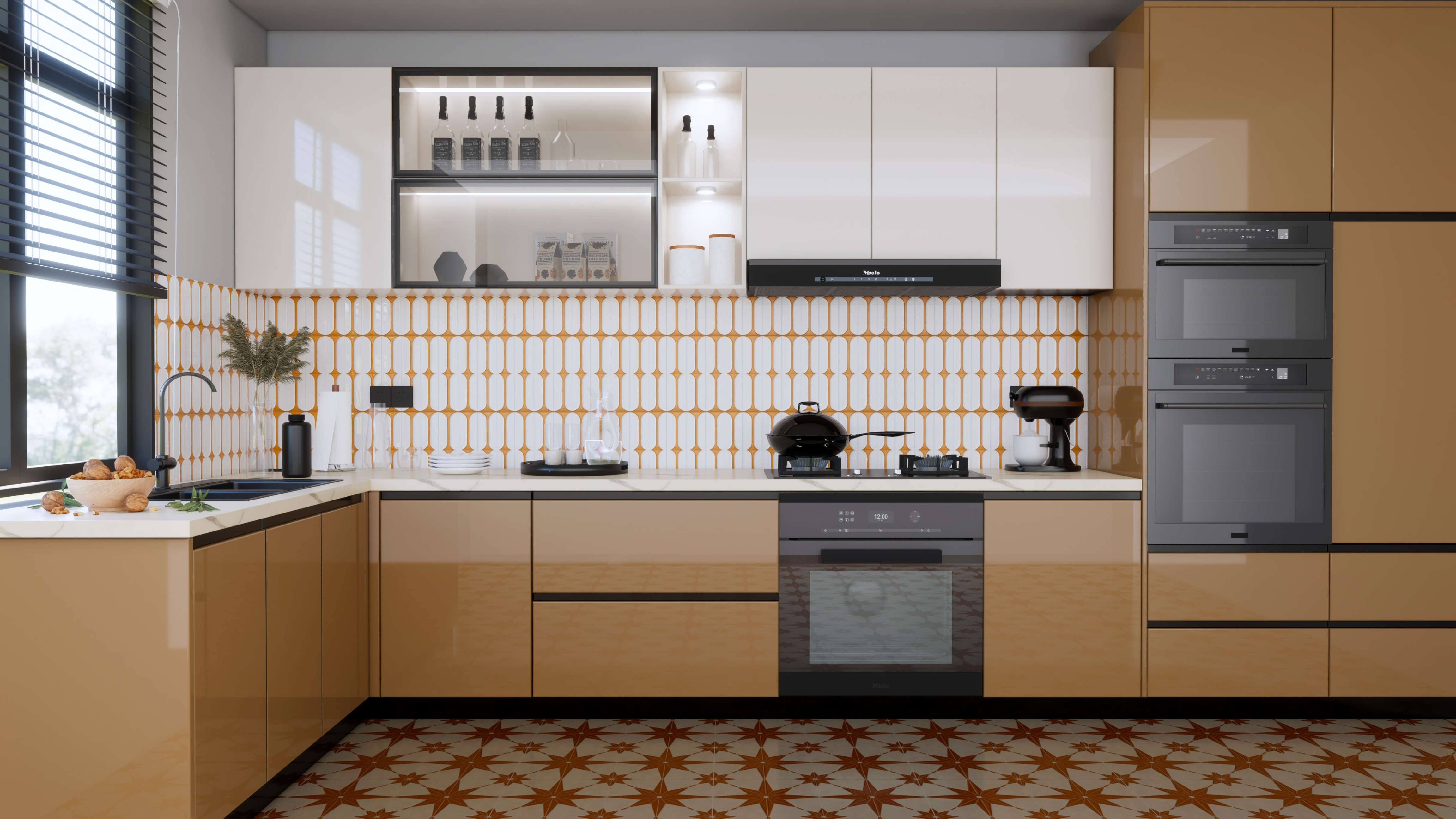 Elegant Kitchen with Mustard Glossy Cabinets and Patterned Flooring | Material Depot