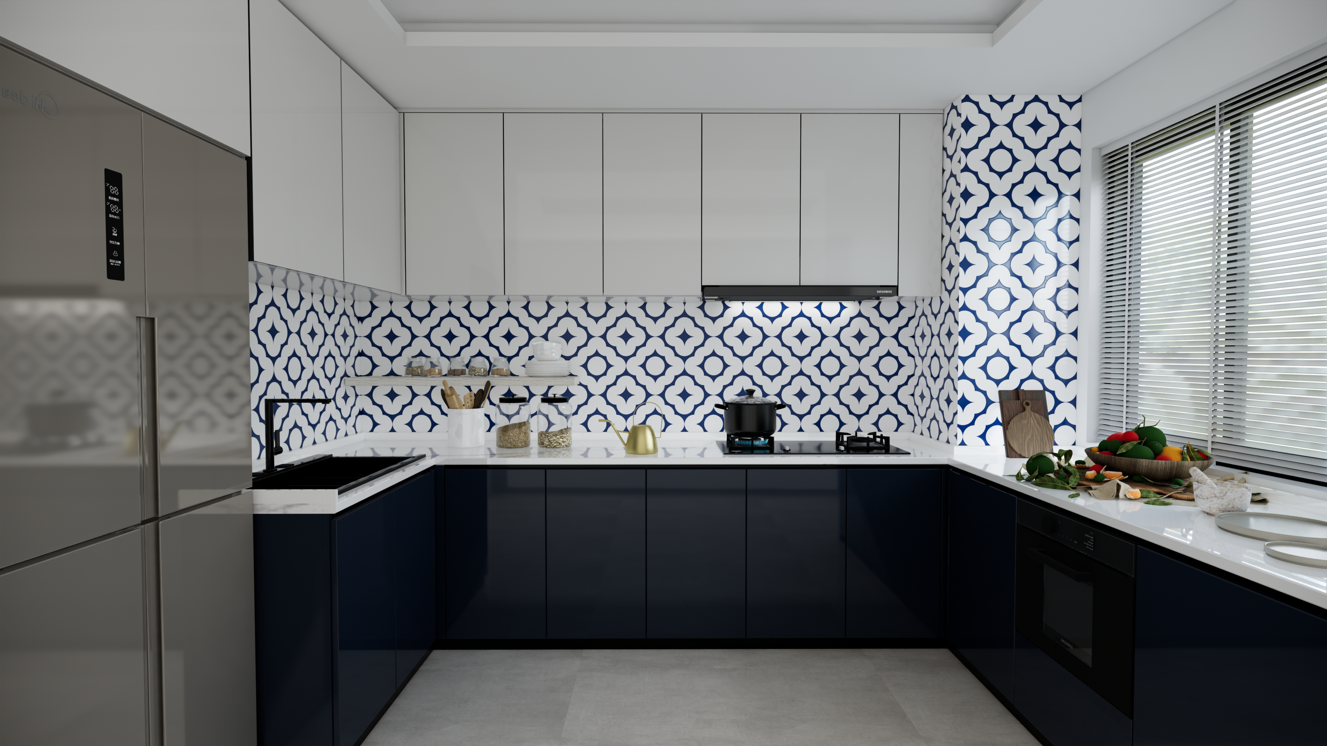 Elegant Kitchen with Navy Cabinets and Quatrefoil Tile Backsplash | Material Depot