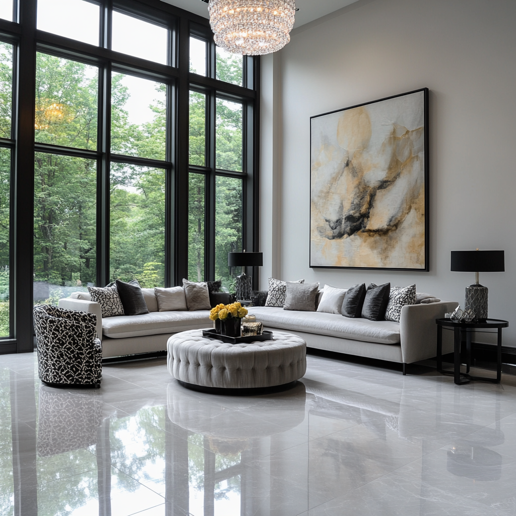 Elegant Living Room with Floor-to-Ceiling Windows and Modern Art | Material Depot