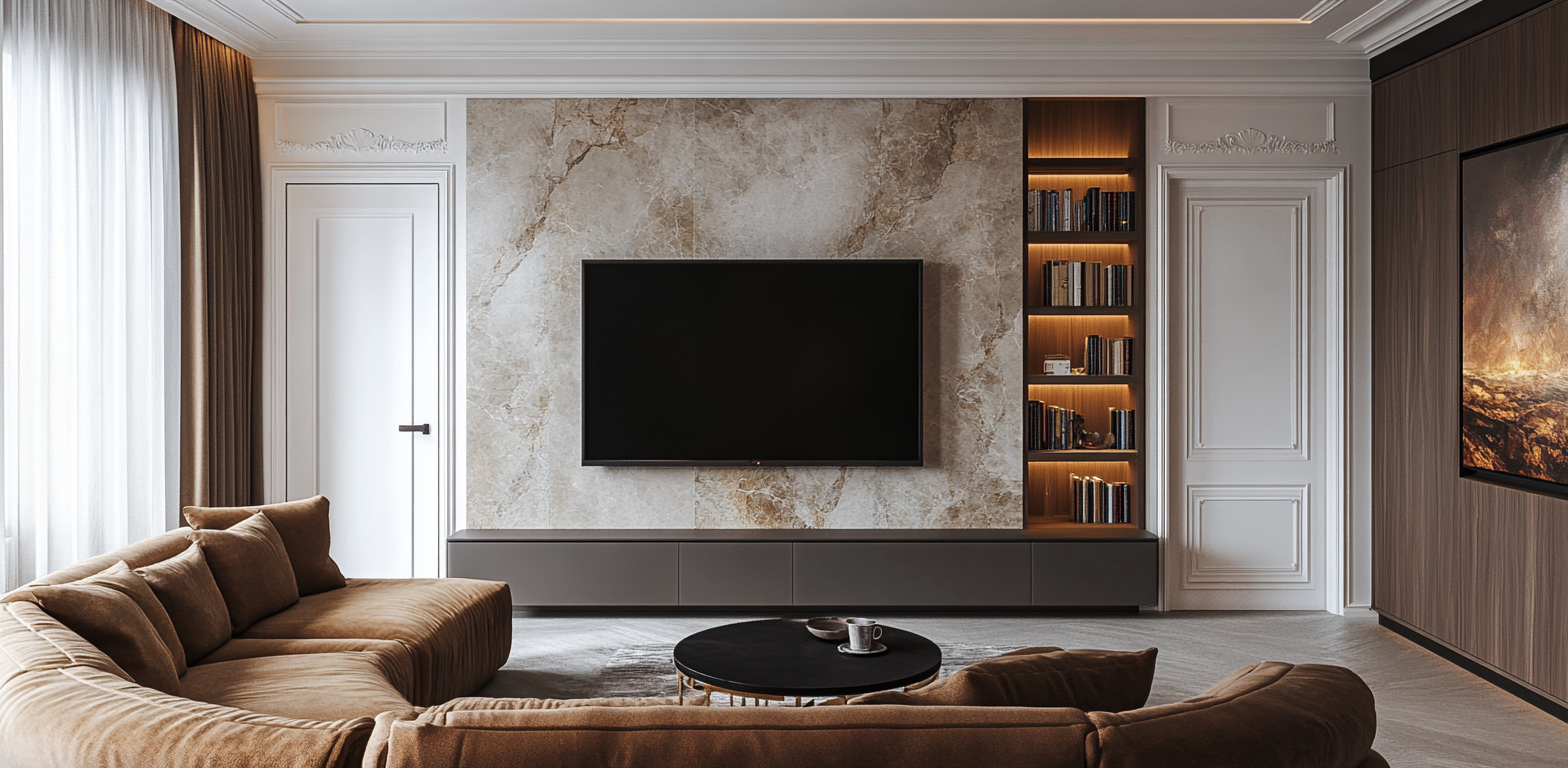 Elegant Living Room with Marble Feature Wall and Built-in Bookshelf | Material Depot