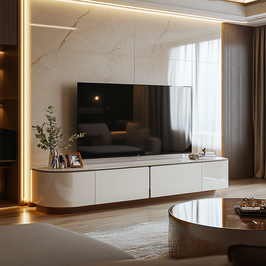 Elegant Living Room with Marble Feature Wall and Curved TV Stand | Material Depot