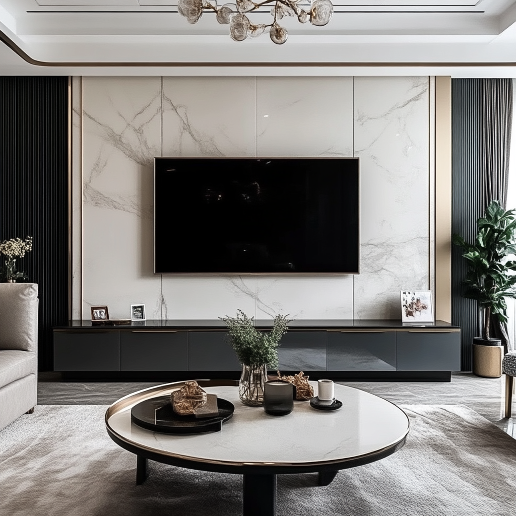 Elegant Living Room with Marble Feature Wall and Gold Accents | Material Depot