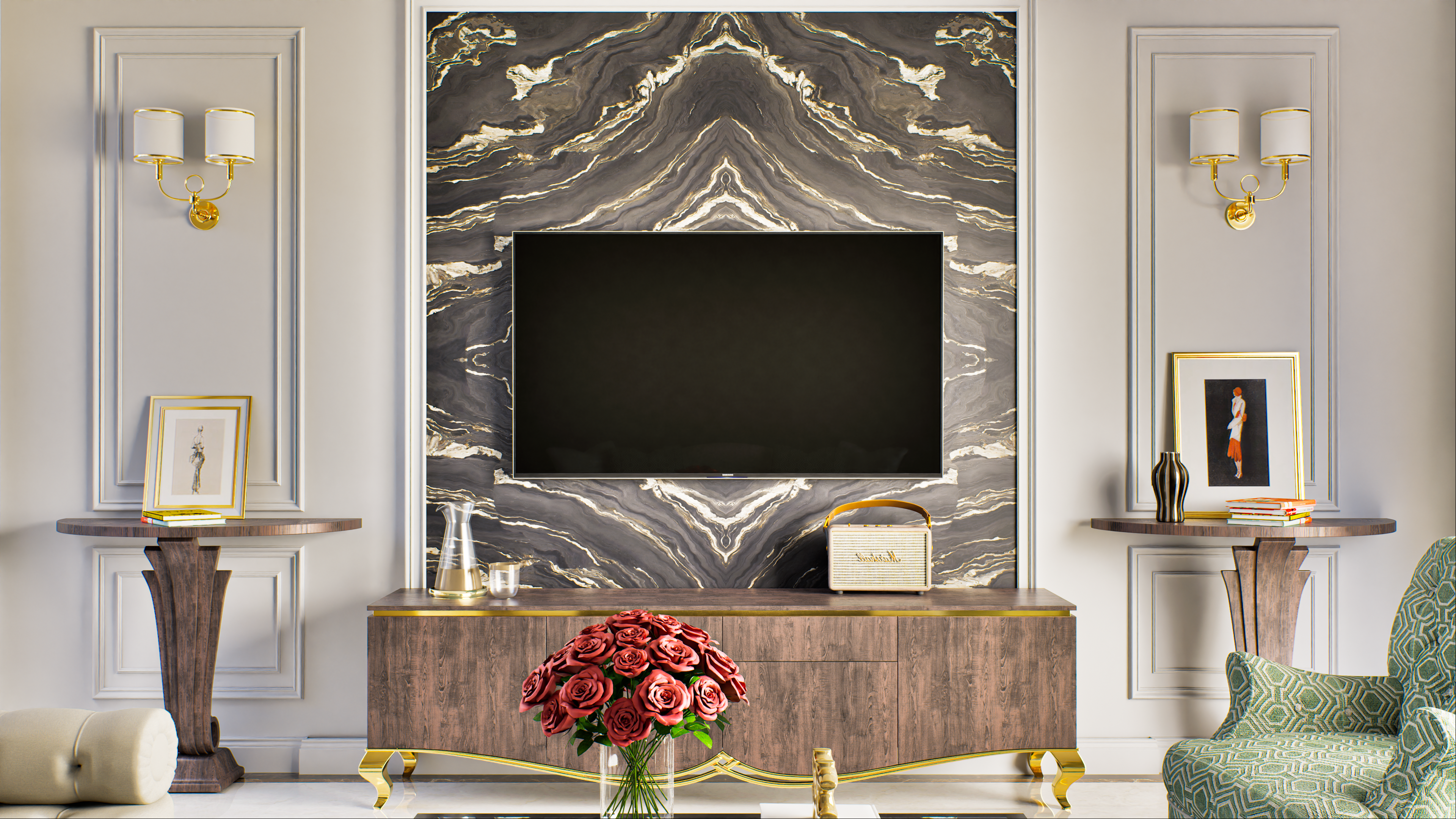 Elegant Living Room with Marble TV Backdrop and Classic Decor | Material Depot