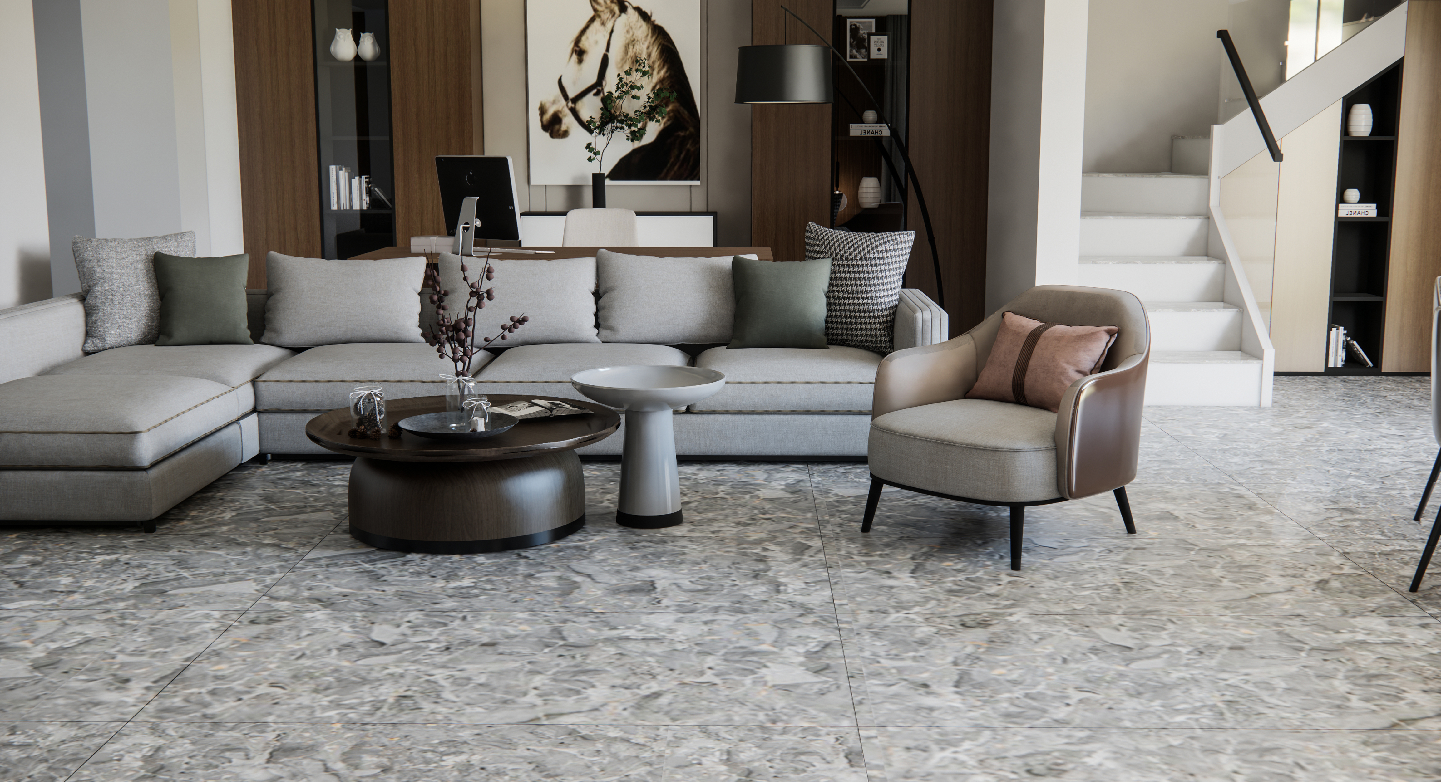 Elegant Living Room with Neutral Tones and Marble Stone Flooring | Material Depot