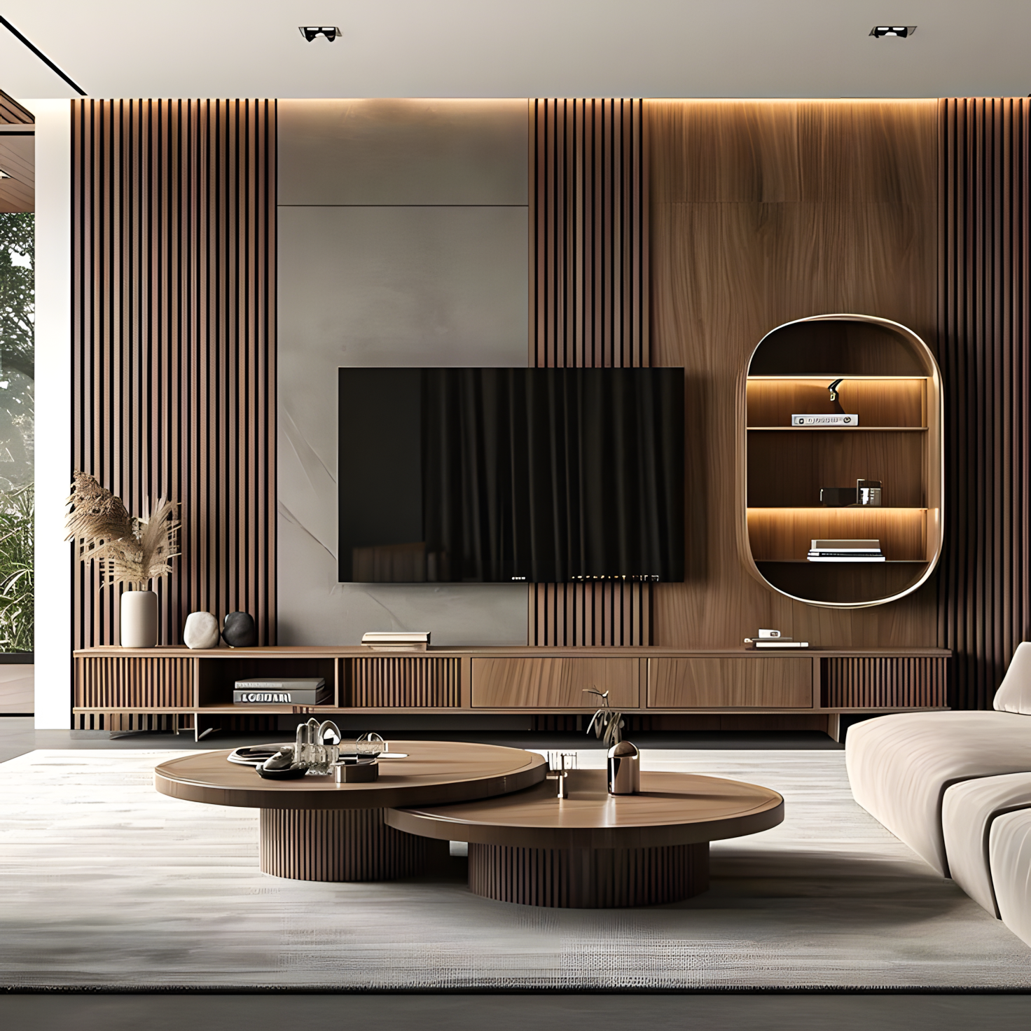 Elegant TV Unit with Wood-Paneled Accent Wall and Circular Niche | Material Depot