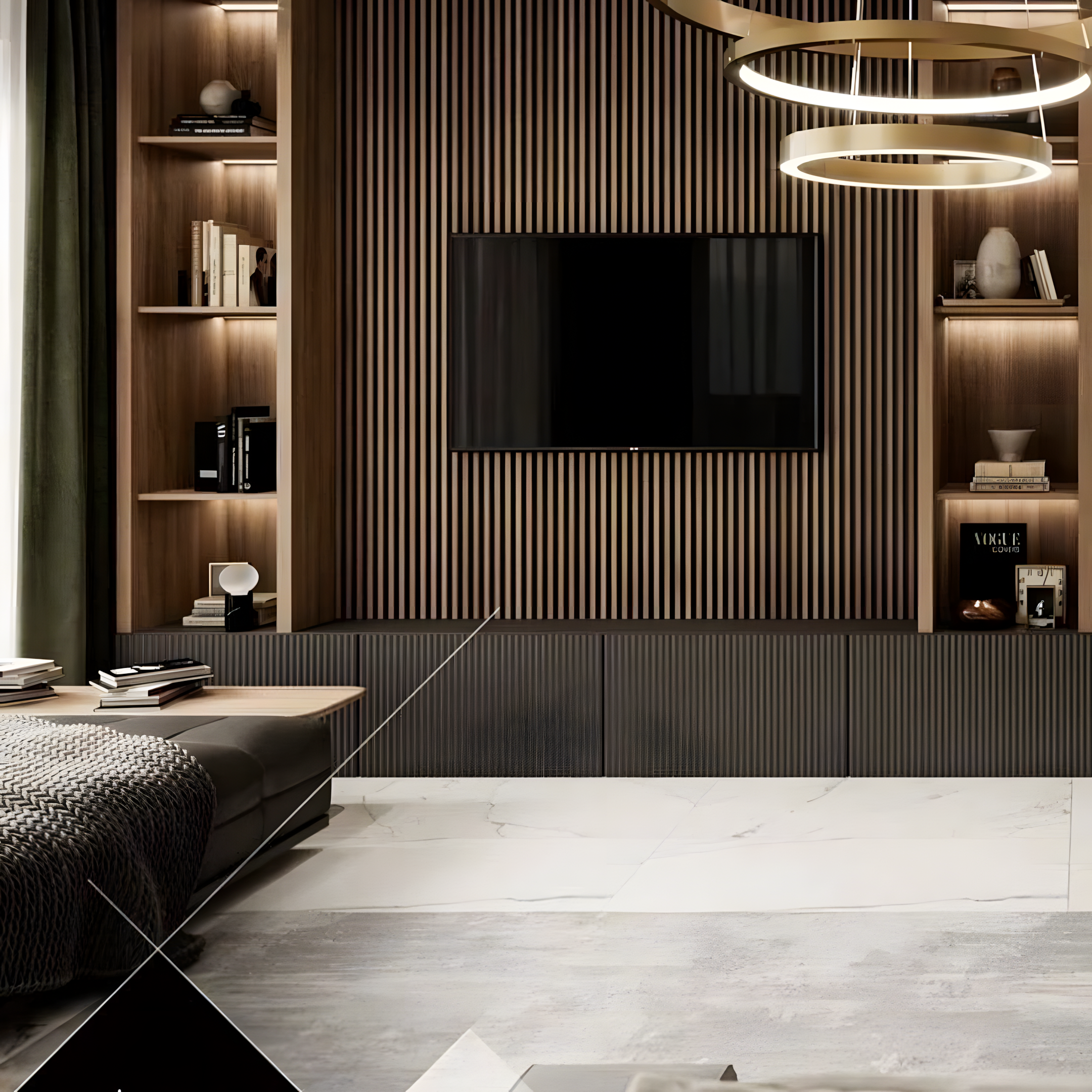 Elegant TV Unit with Wood-Paneled Accent Wall and Circular Pendant Light | Material Depot