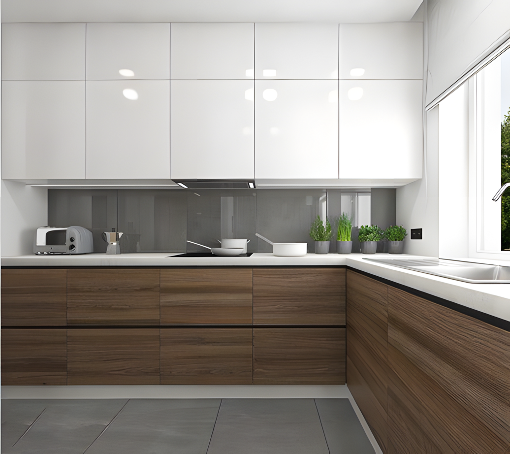 Elegant Minimalist Kitchen With White Glossy And Wooden Textured Laminates | Material Depot