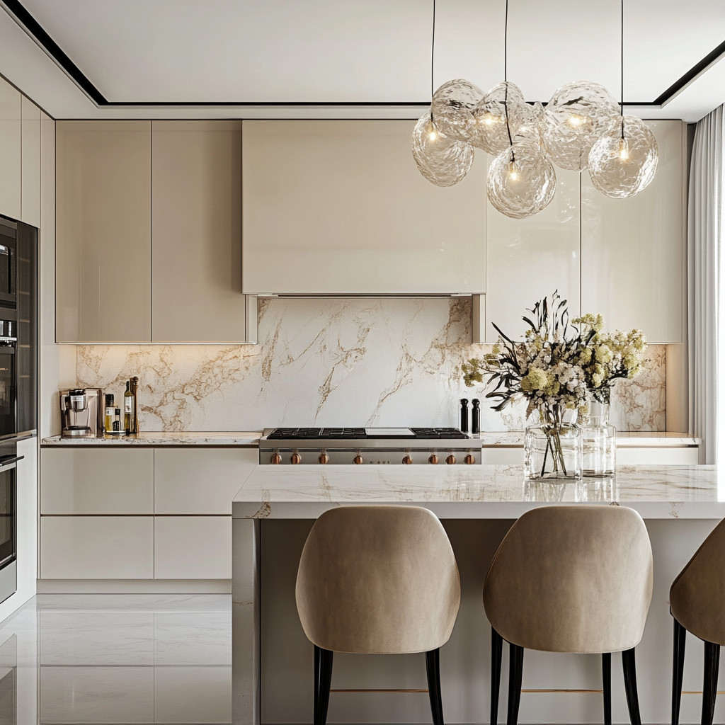 Elegant Modern Kitchen with Marble Backsplash and Crystal Chandelier | Material Depot