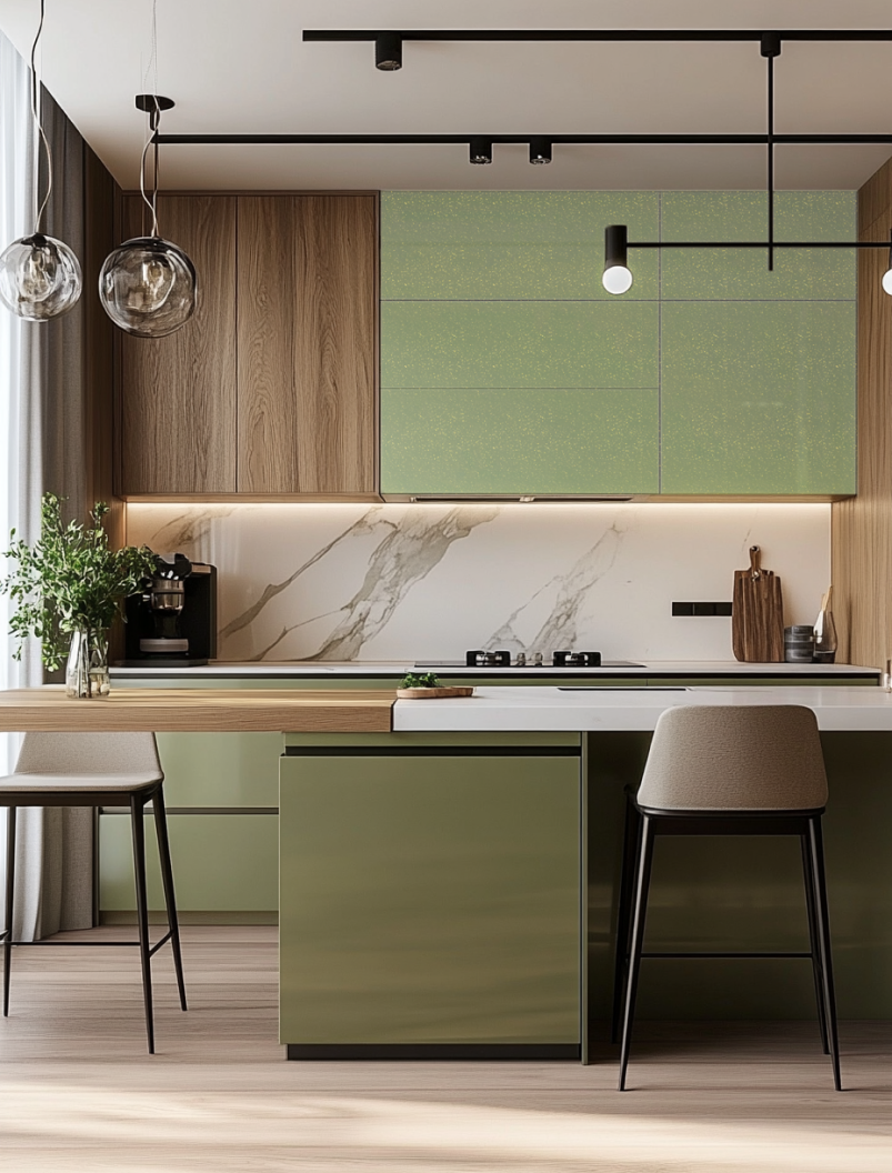 Elegant Olive Green Sparkle Glossy Solid Laminate Kitchen with Wood Accents | Material Depot