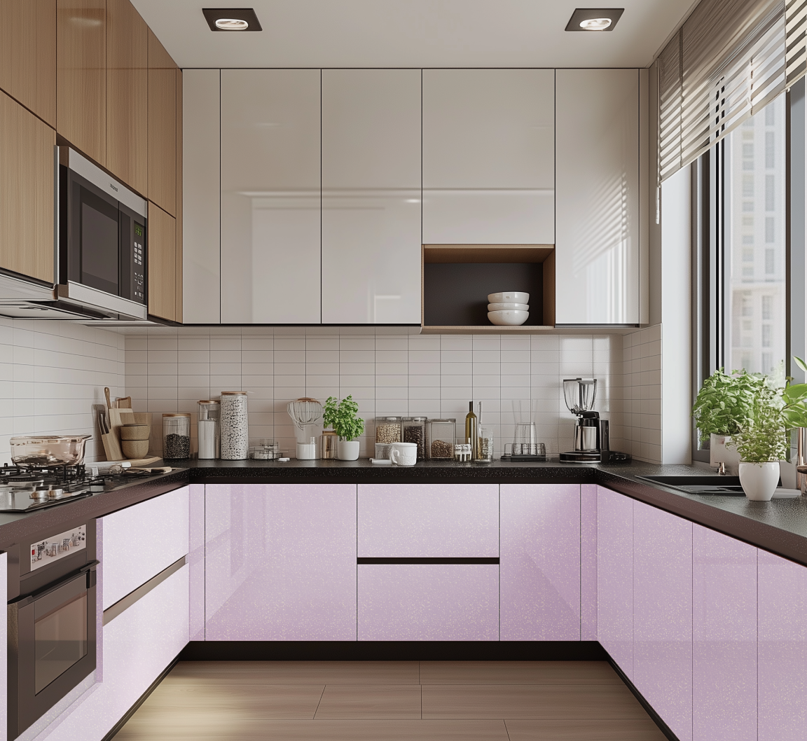 Elegant Purple Sparkle Glossy Solid Laminate Kitchen with Subway Tile Backsplash | Material Depot