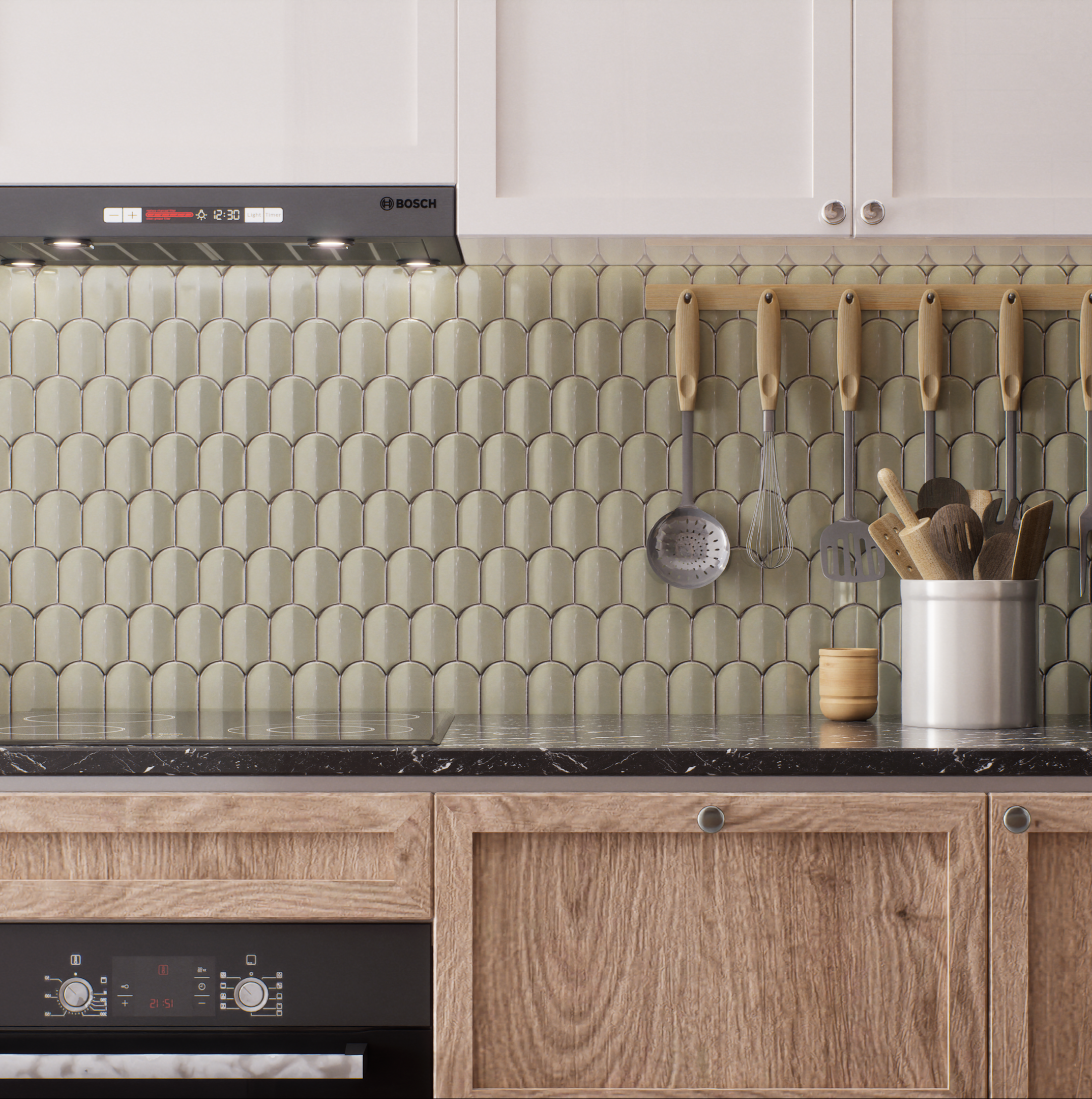 Elegant Soft Green Fish Scale Tile Backsplash in Modern Kitchen | Material Depot