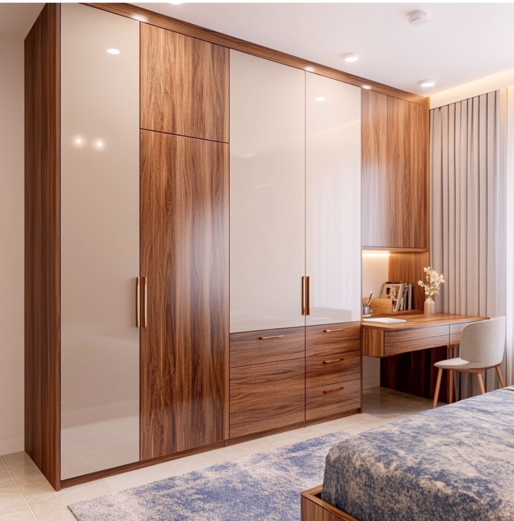 Elegant Walnut and Cream Laminate Wardrobe with Study Nook for Bedroom | Material Depot