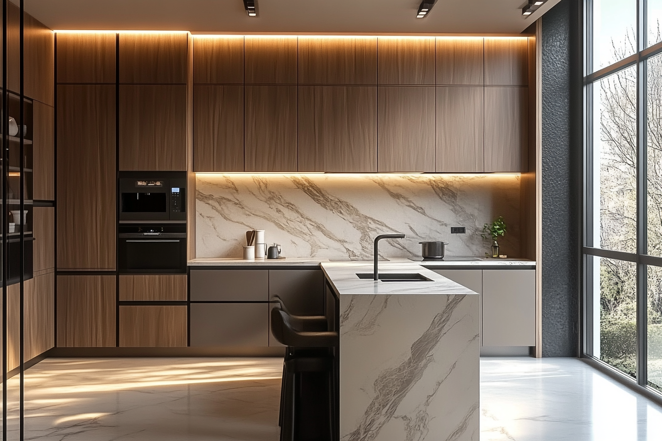 Elegant Wood and Marble Kitchen with Luminous Accents | Material Depot