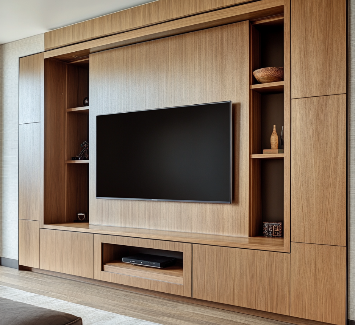 Elegant Wooden Laminate Entertainment Unit with Shelving for Modern Living Room | Material Depot