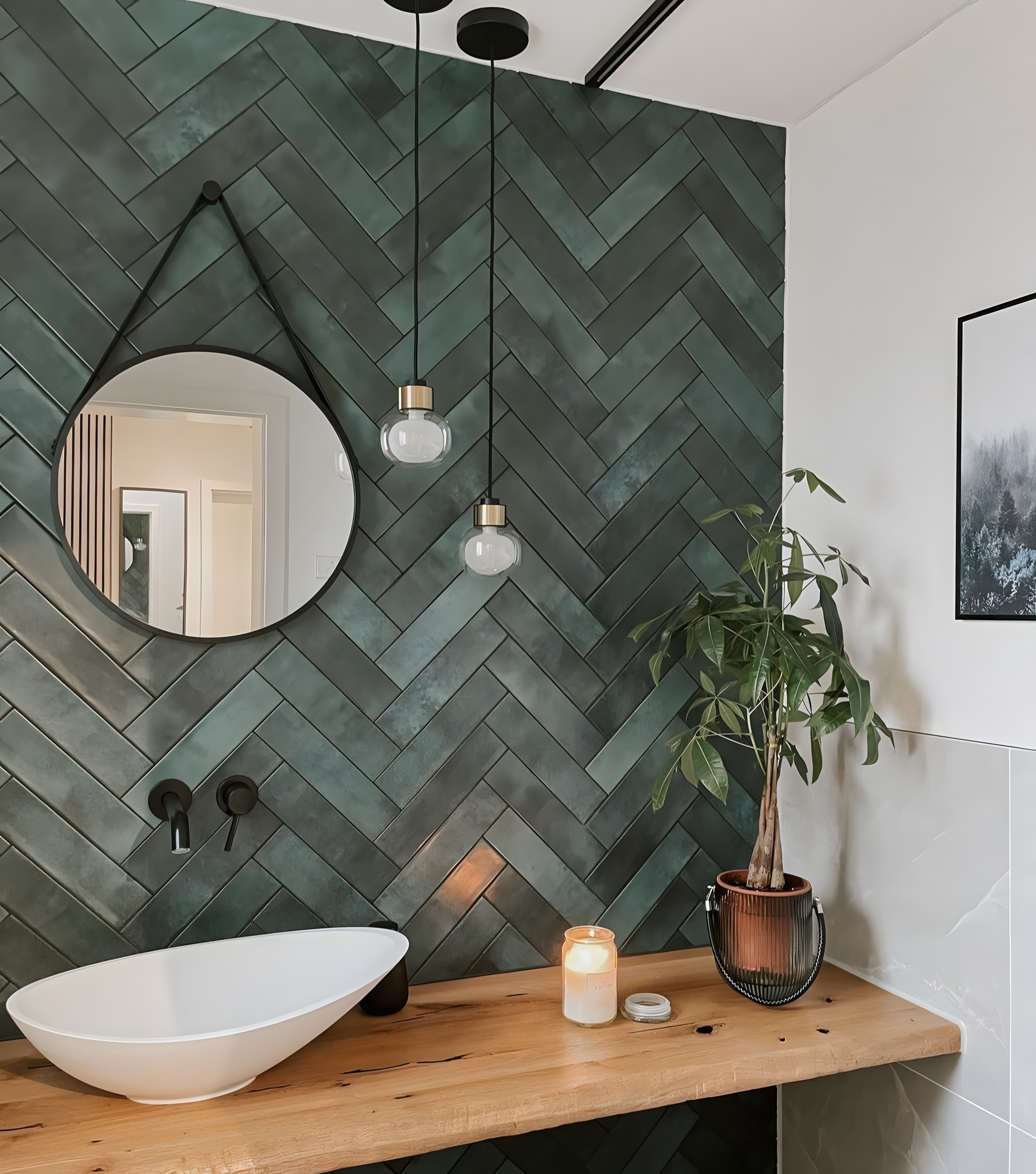 Emerald Elegance: A Modern Bathroom with Green Herringbone Tiles | Material Depot