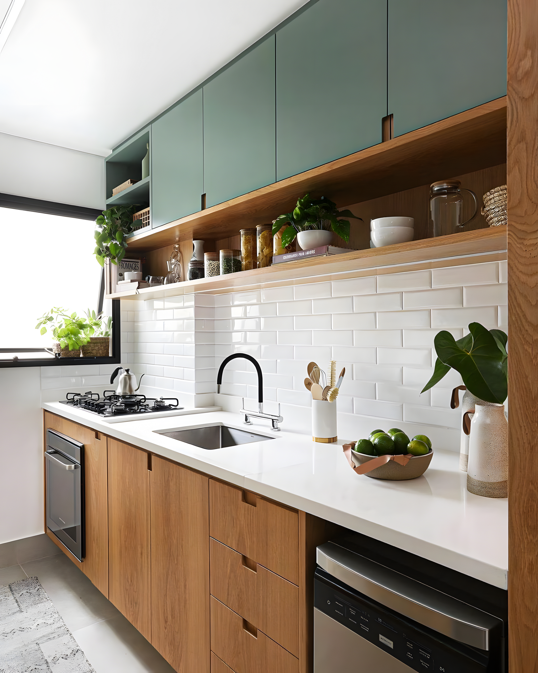 Fresh and Functional: A Compact Kitchen with Green Cabinets and Natural Wood Accents | Material Depot