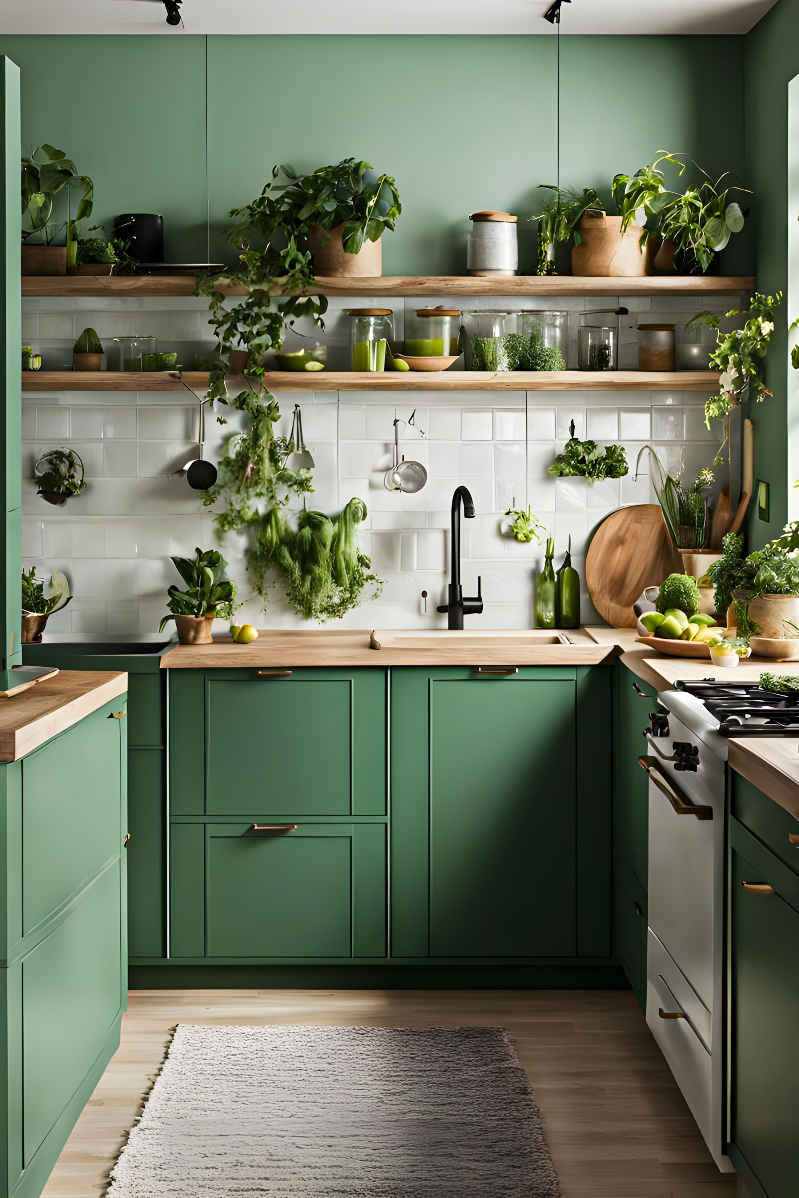 Fresh and vibrant kitchen with green cabinets, natural wood shelves, and an abundance of greenery. | Material Depot