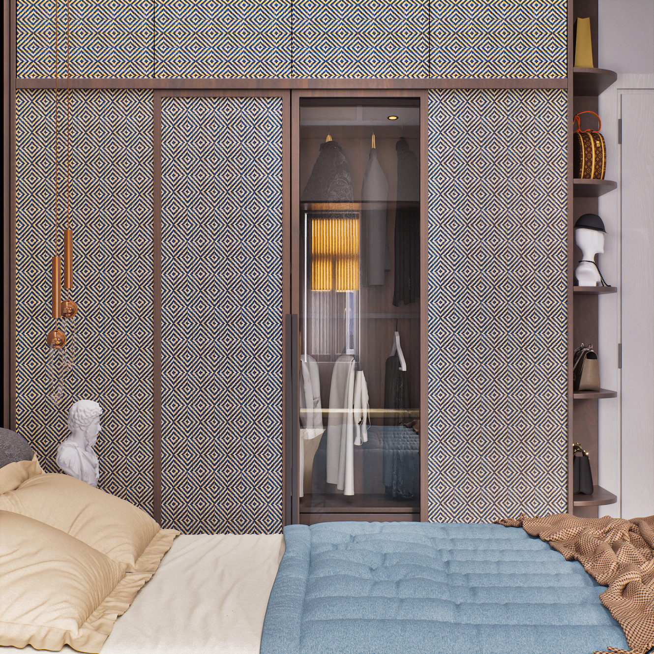 Geometric Pattern Wardrobe with Glass Door and Modern Bedroom Design | Material Depot