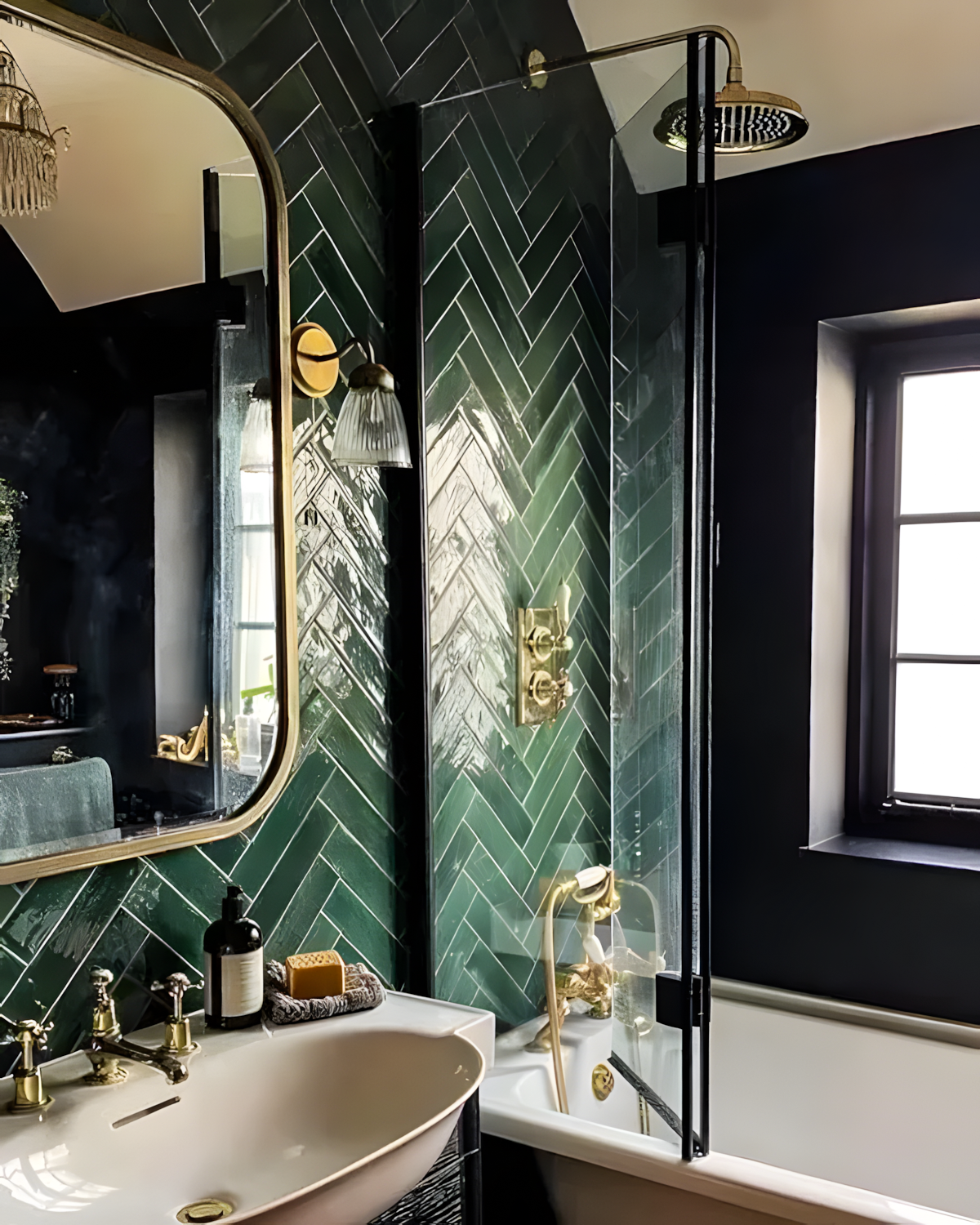 Glamorous Bathroom with Green Herringbone Tiles | Material Depot