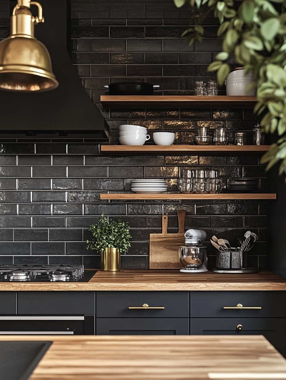 Glamorous Kitchen with Dark Palette and Natural Wood Accents | Material Depot